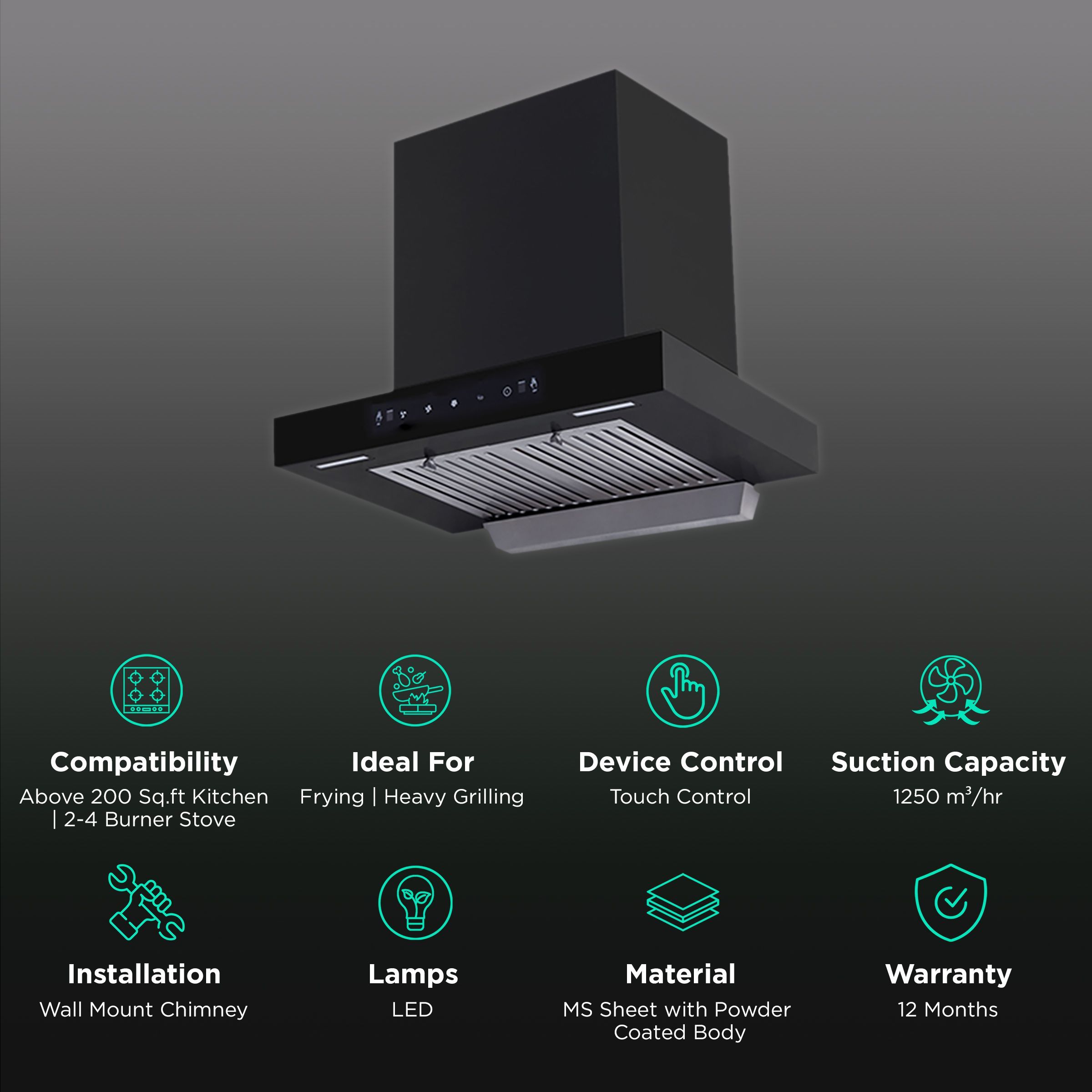 Kutchina Fascino 60cm 1250m3/hr Ducted Auto Clean Wall Mounted Chimney with Wave Sensor (Black)_3