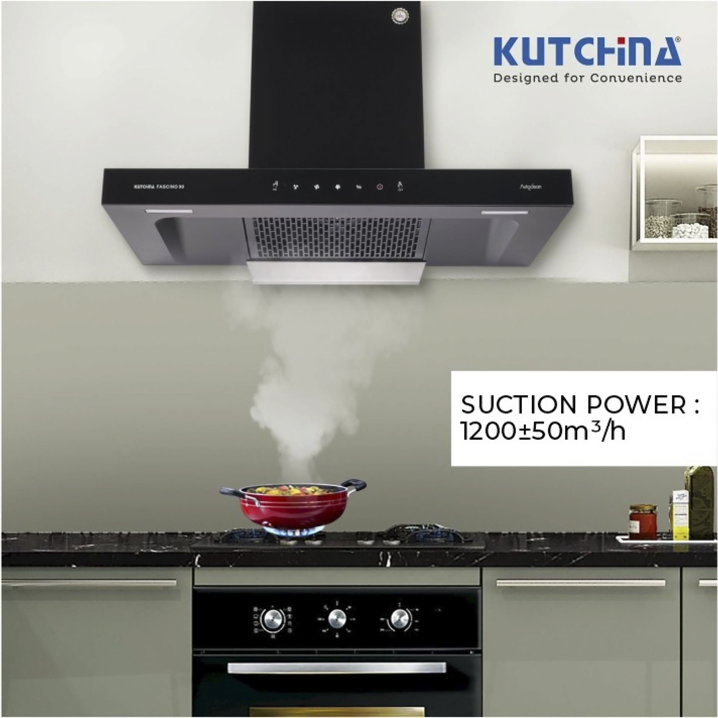 Kutchina Fascino 90cm 1250m3/hr Ductless Auto Clean Wall Mounted Chimney with Wave Sensor (Black)_5