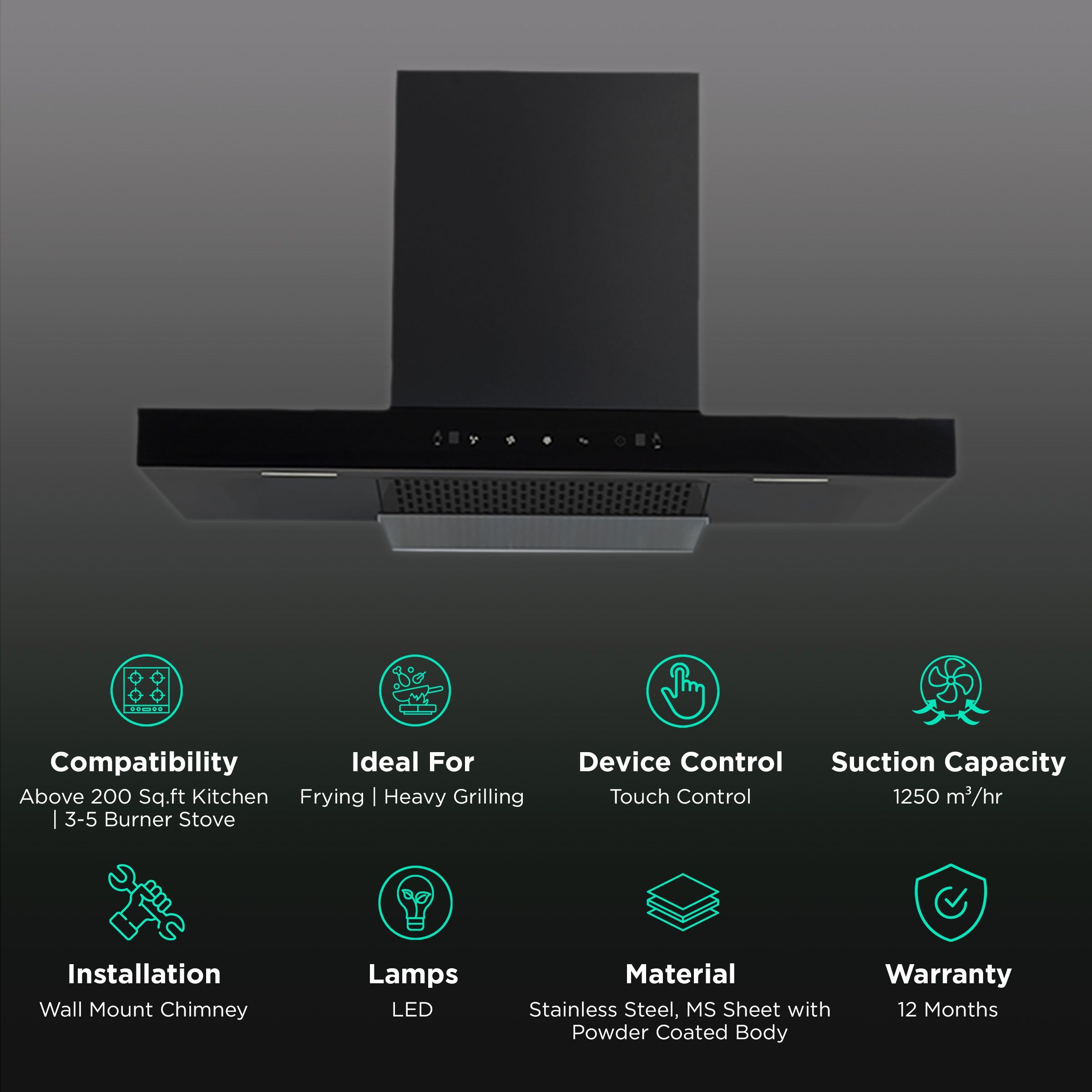 Kutchina Fascino 90cm 1250m3/hr Ductless Auto Clean Wall Mounted Chimney with Wave Sensor (Black)_3