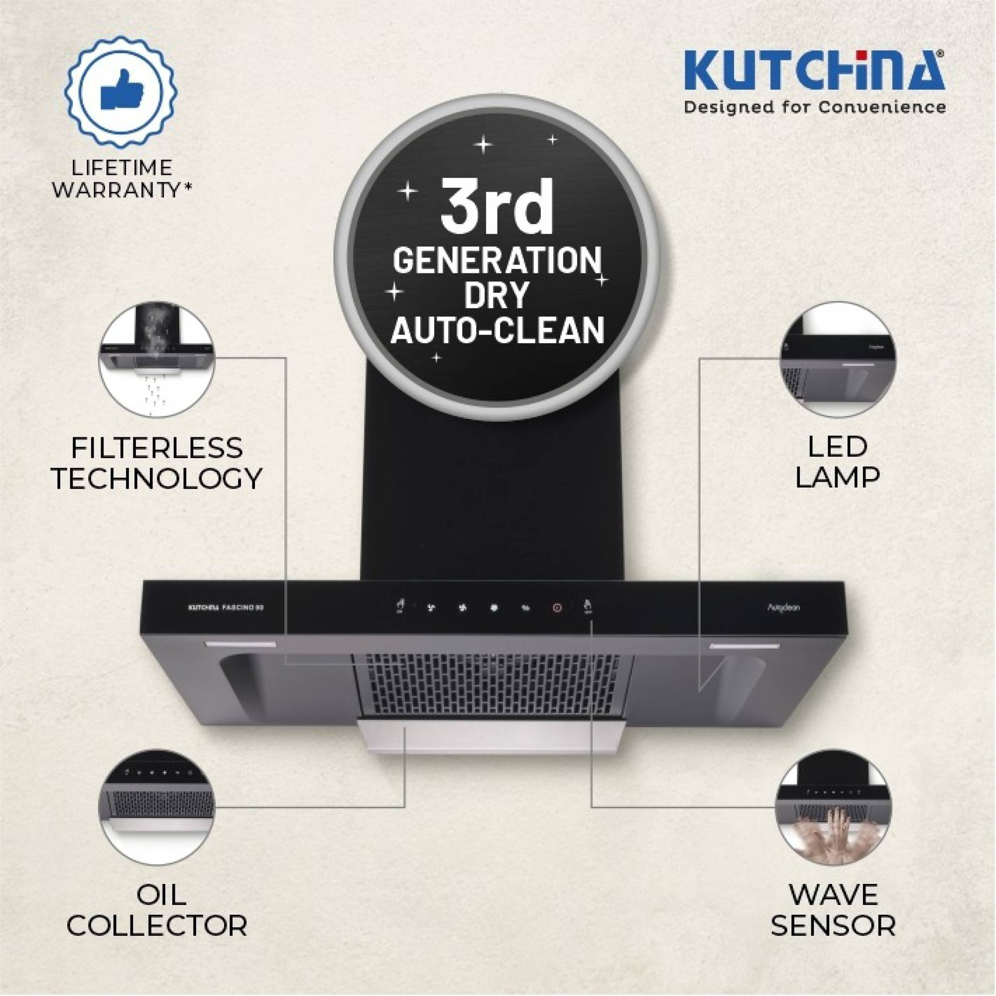 Kutchina Fascino 90cm 1250m3/hr Ductless Auto Clean Wall Mounted Chimney with Wave Sensor (Black)_4