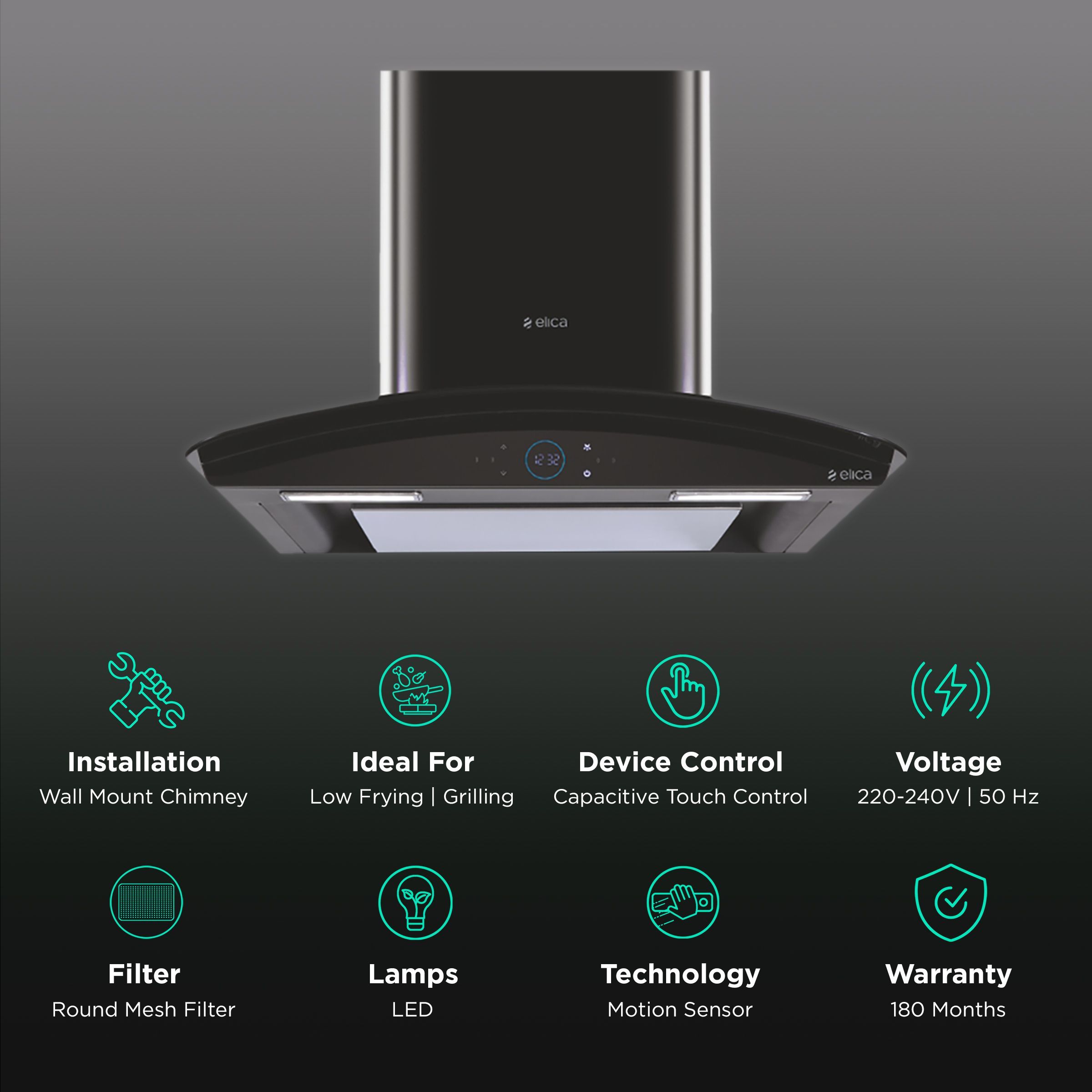 elica ISMART GLACE EDS LTW 75 NERO 75cm Ductless Wall Mounted Chimney with Capacitive Touch Controls (Black)_3