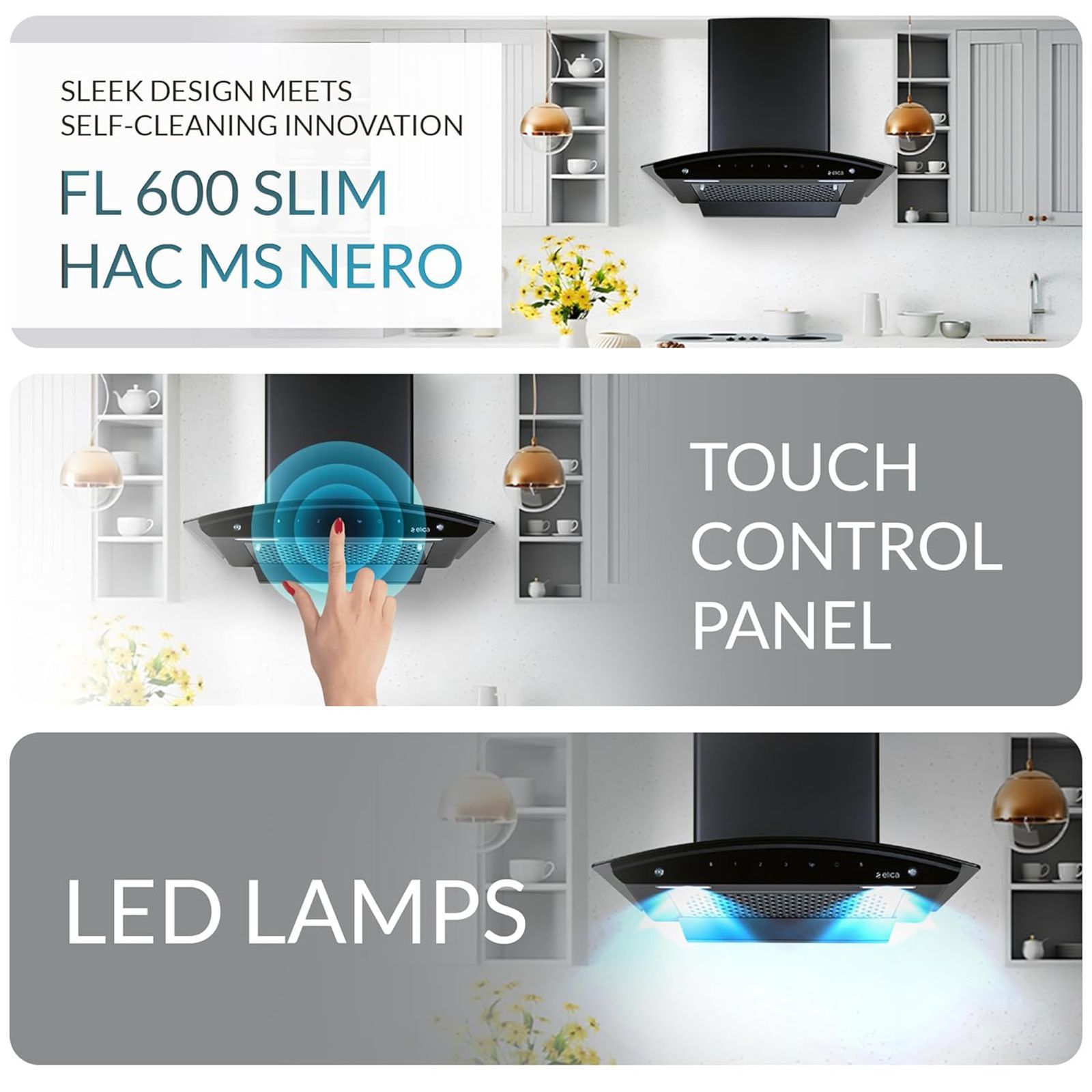 elica FL 600 SLIM HAC MS NERO 60cm 1200m3/hr Ducted Auto Clean Wall Mounted Chimney with Touch Control Panel (Black)_6