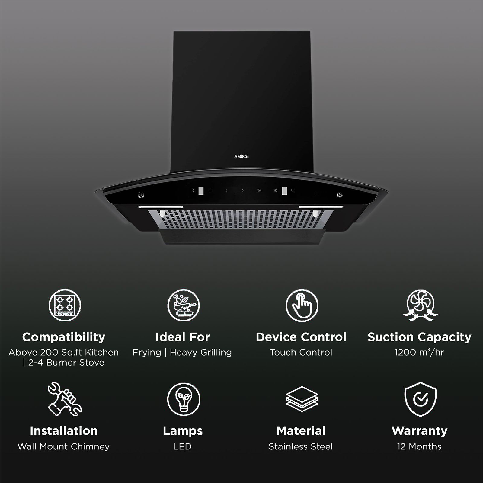 elica FL 600 SLIM HAC MS NERO 60cm 1200m3/hr Ducted Auto Clean Wall Mounted Chimney with Touch Control Panel (Black)_3