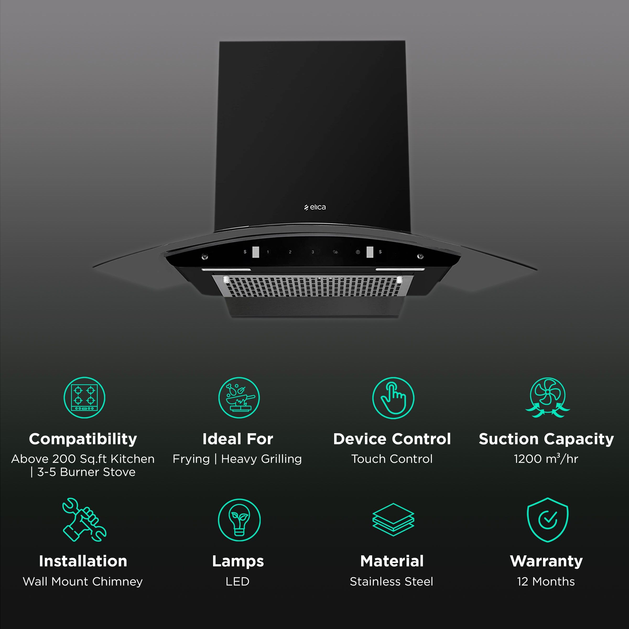 elica FL 900 SLIM HAC MS NERO 90cm 1200m3/hr Ducted Wall Mounted Chimney with Touch Control Panel (Black)_3