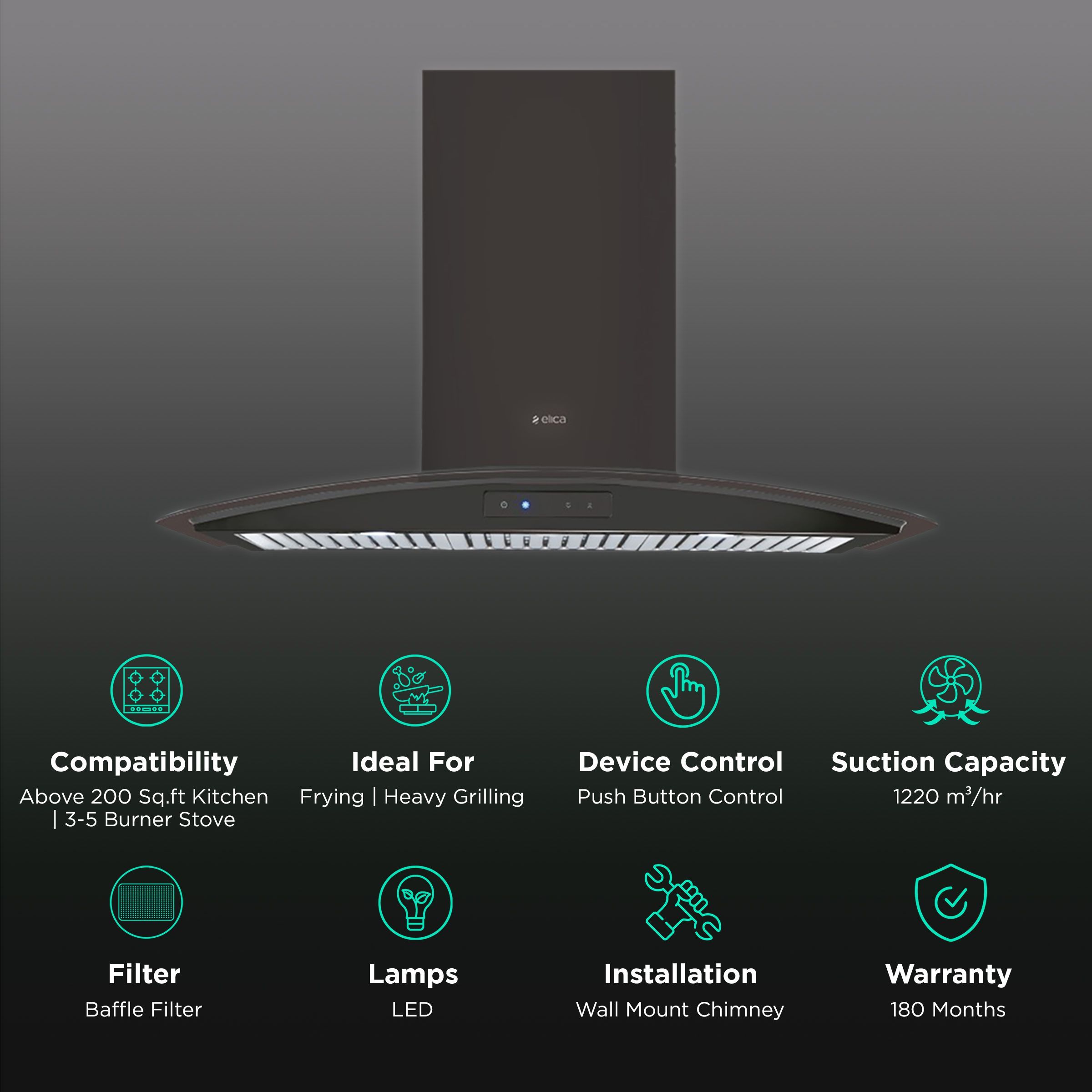 elica GLACE TRIM ETB PLUS LTW 903 NERO 90cm 1220m3/hr Ducted Wall Mounted Chimney with Push Control Buttons (Black)_3