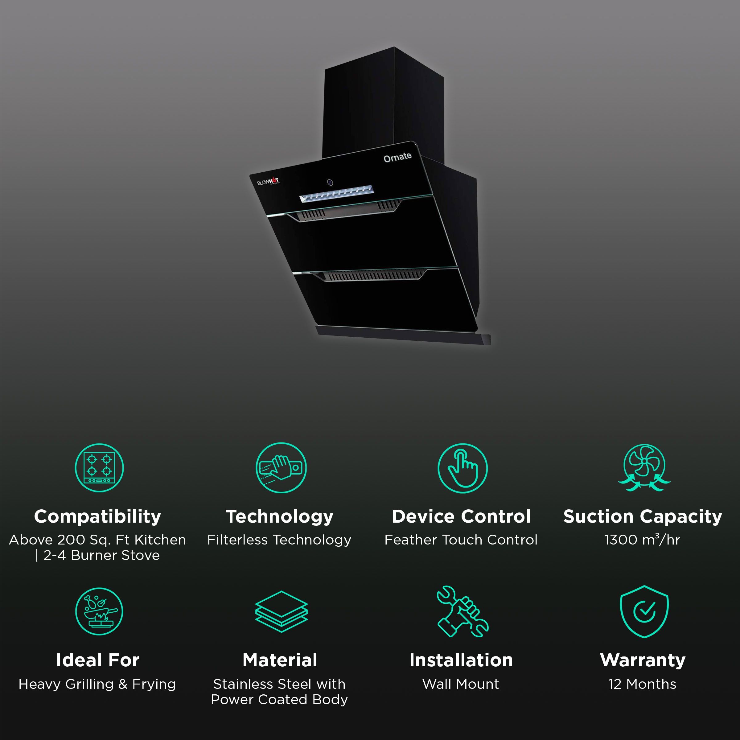 BLOWHOT Ornate BAC 60cm 1300m3/hr Ducted Auto Clean Wall Mounted Chimney with Feather Touch Control (Black)_3