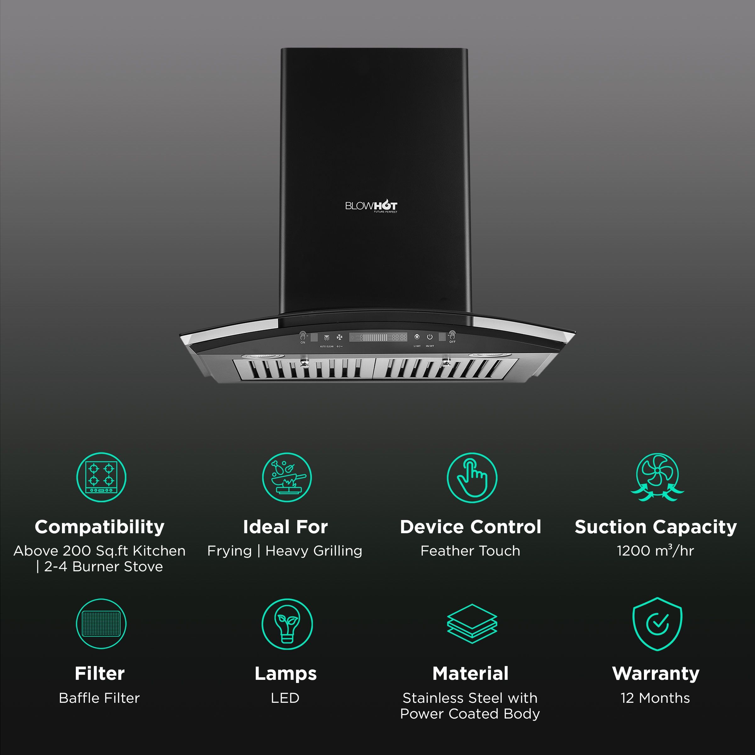 BLOWHOT Electra BAC MS 60cm 1200m3/hr Ducted Auto Clean Wall Mounted Chimney with Motion Sensor Gesture (Black)_3