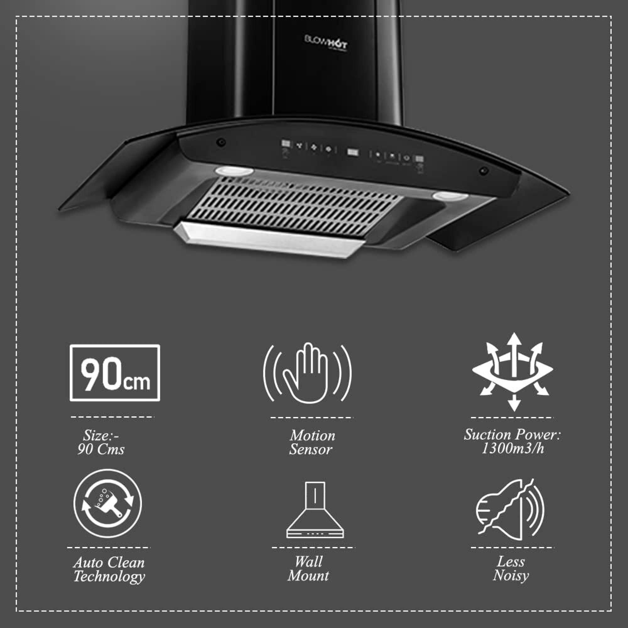 BLOWHOT Camellia BAC MS 90cm 1300m3/hr Ducted Auto Clean Wall Mounted Chimney with Motion Sensor Gesture (Black)_8