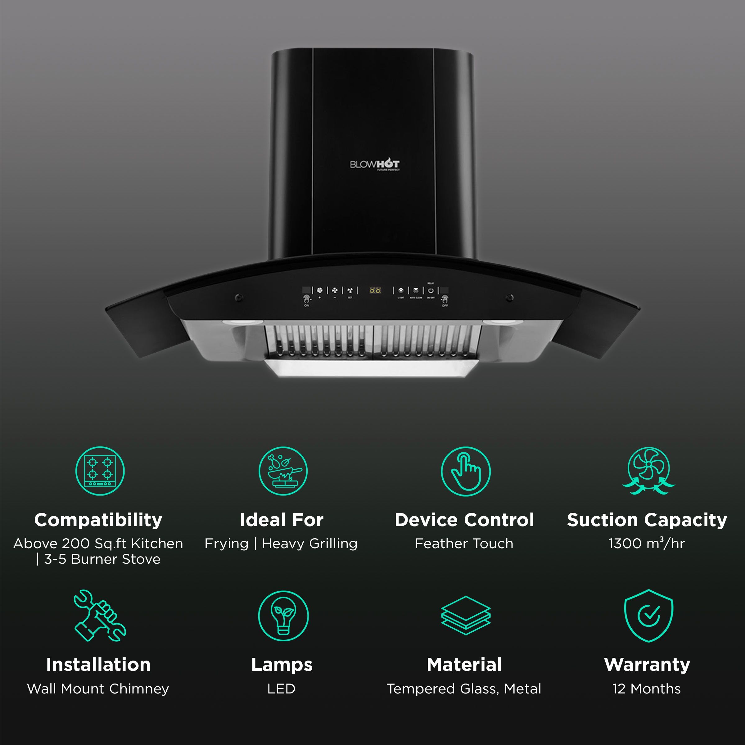 BLOWHOT Camellia BAC MS 90cm 1300m3/hr Ducted Auto Clean Wall Mounted Chimney with Motion Sensor Gesture (Black)_3