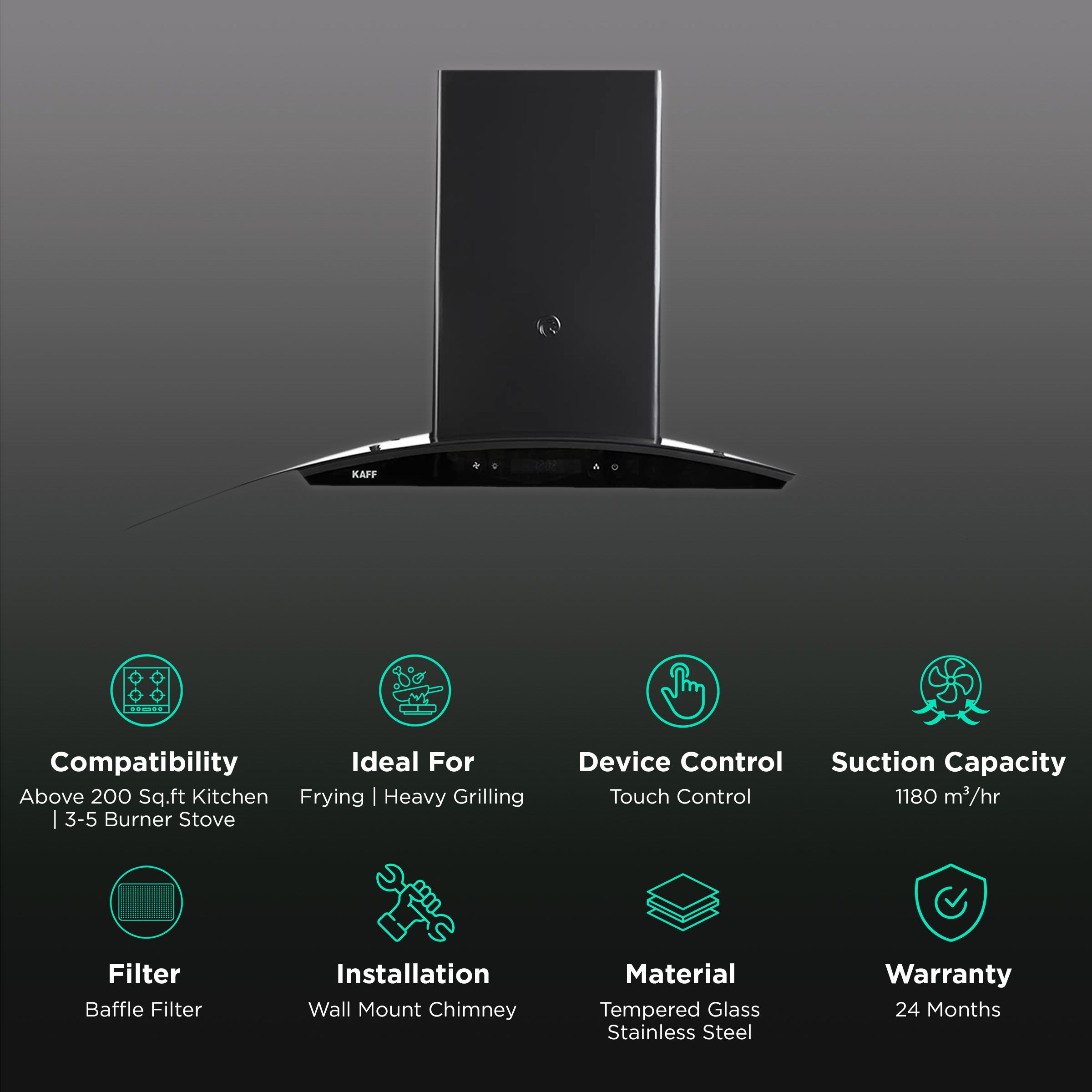KAFF OPEC TX DHC 90cm 1180m3/hr Ducted Auto Clean Wall Mounted Chimney with Digital Display (Black)_3