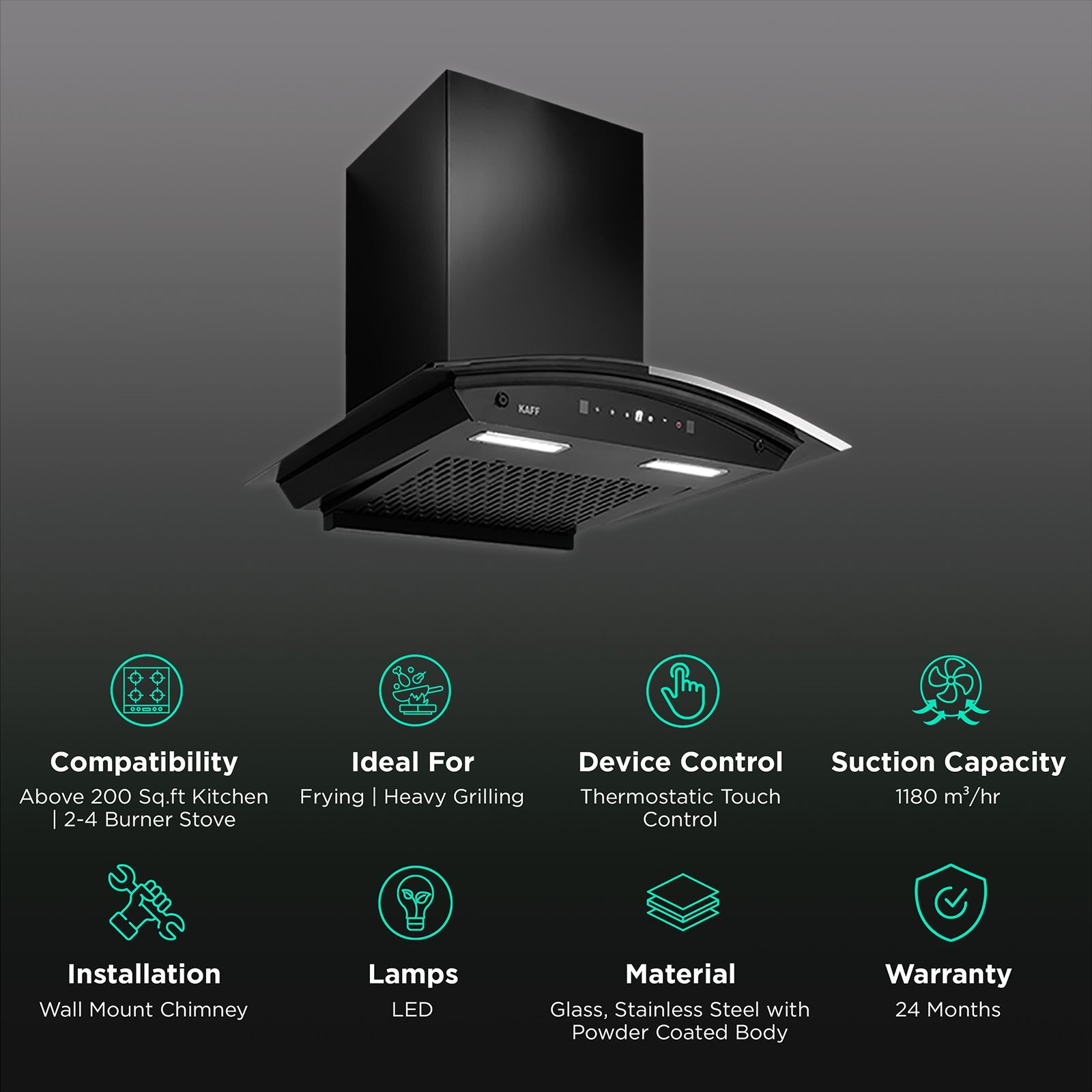 KAFF MAINZ DHC 60cm 1200m3/hr Ducted Auto Clean Wall Mounted Chimney with Thermostatic Touch Control Panel (Black)_3