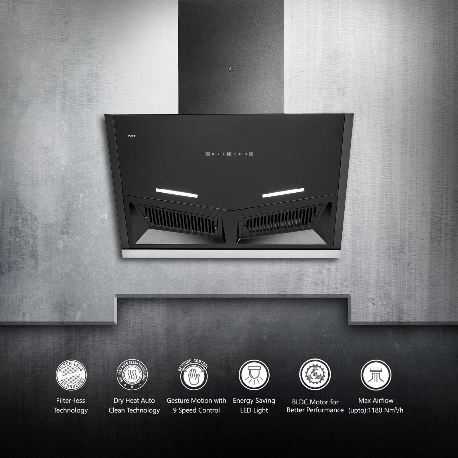 KAFF AIRFRAME SM DHC 90cm 1180m3/hr Ducted Auto Clean Wall Mounted Chimney with Digital Display (Black) KAFF AIRFRAME SM DHC 90cm 1180m3/hr Ducted Auto Clean Wall Mounted Chimney with Digital Display (Black)_6