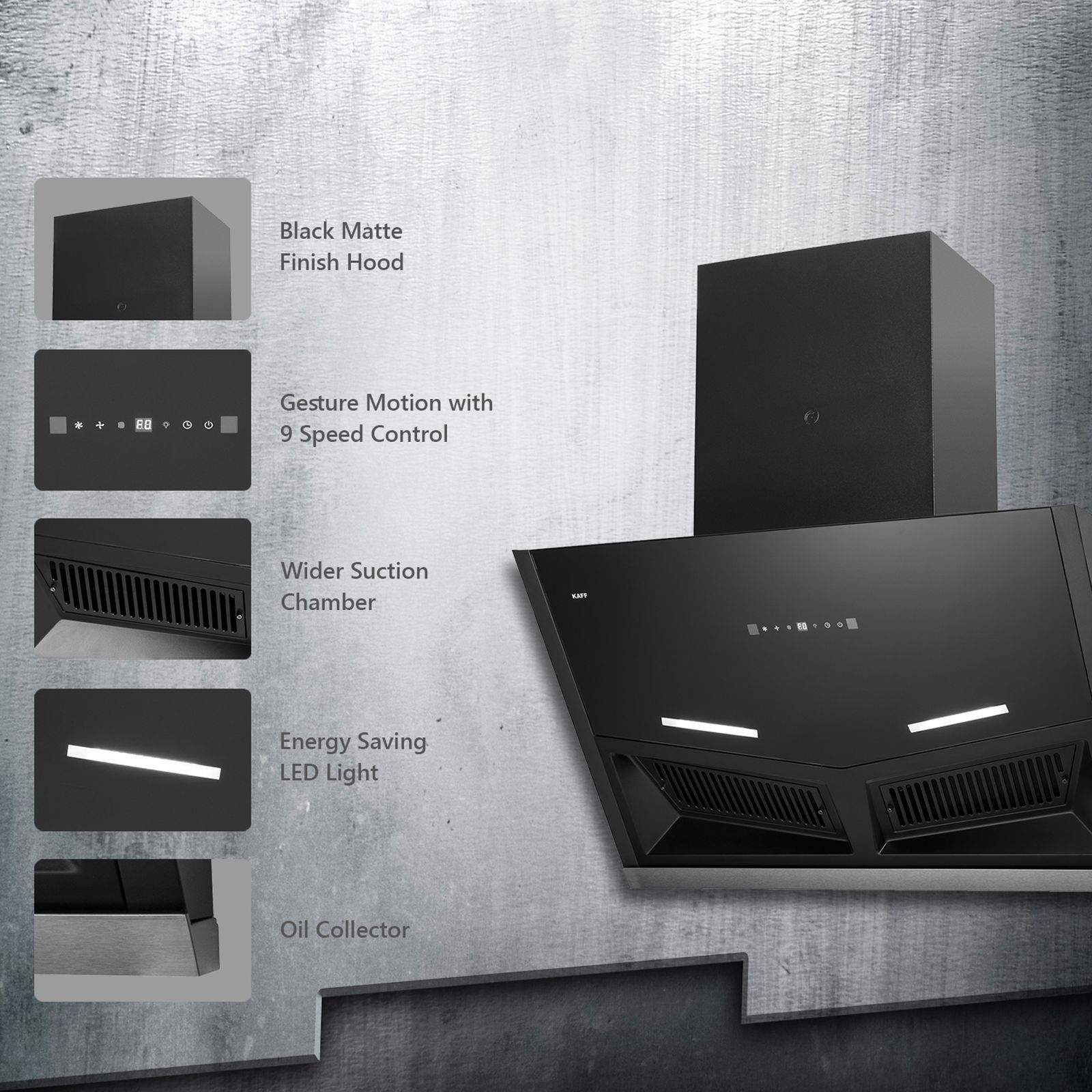 KAFF AIRFRAME SM DHC 90cm 1180m3/hr Ducted Auto Clean Wall Mounted Chimney with Digital Display (Black) KAFF AIRFRAME SM DHC 90cm 1180m3/hr Ducted Auto Clean Wall Mounted Chimney with Digital Display (Black)_7