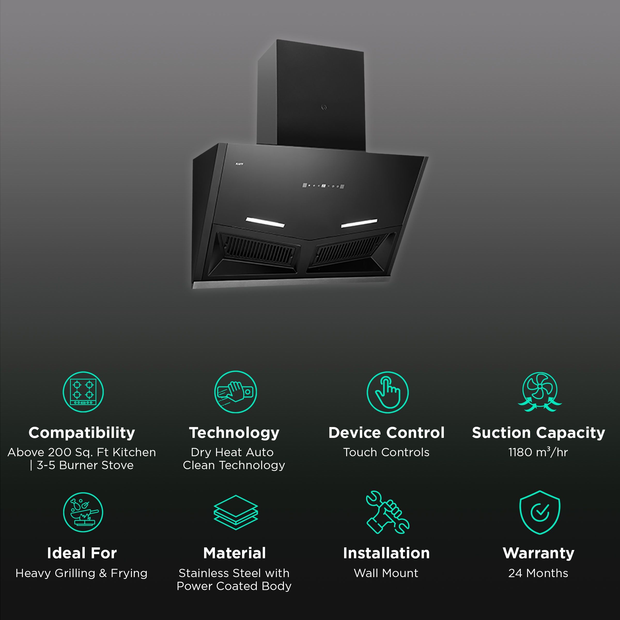 KAFF AIRFRAME SM DHC 90cm 1180m3/hr Ducted Auto Clean Wall Mounted Chimney with Digital Display (Black) KAFF AIRFRAME SM DHC 90cm 1180m3/hr Ducted Auto Clean Wall Mounted Chimney with Digital Display (Black)_3