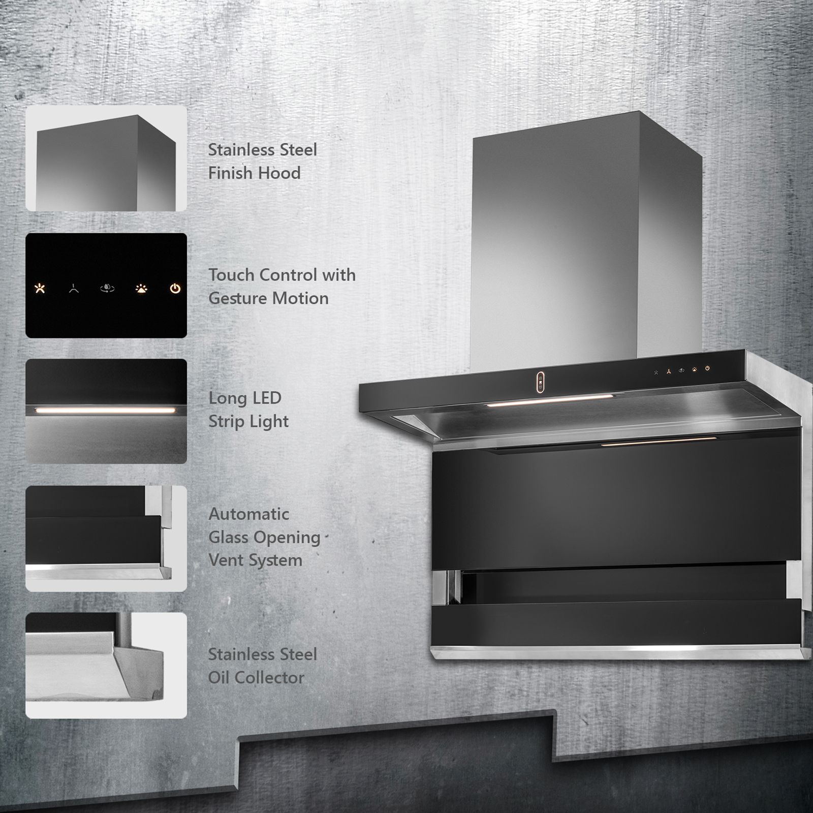 KAFF FALMARC DHC 90-A 90cm 1350m3/hr Ducted Auto Clean Wall Mounted Chimney with Touch & Gesture Control (Black)_5