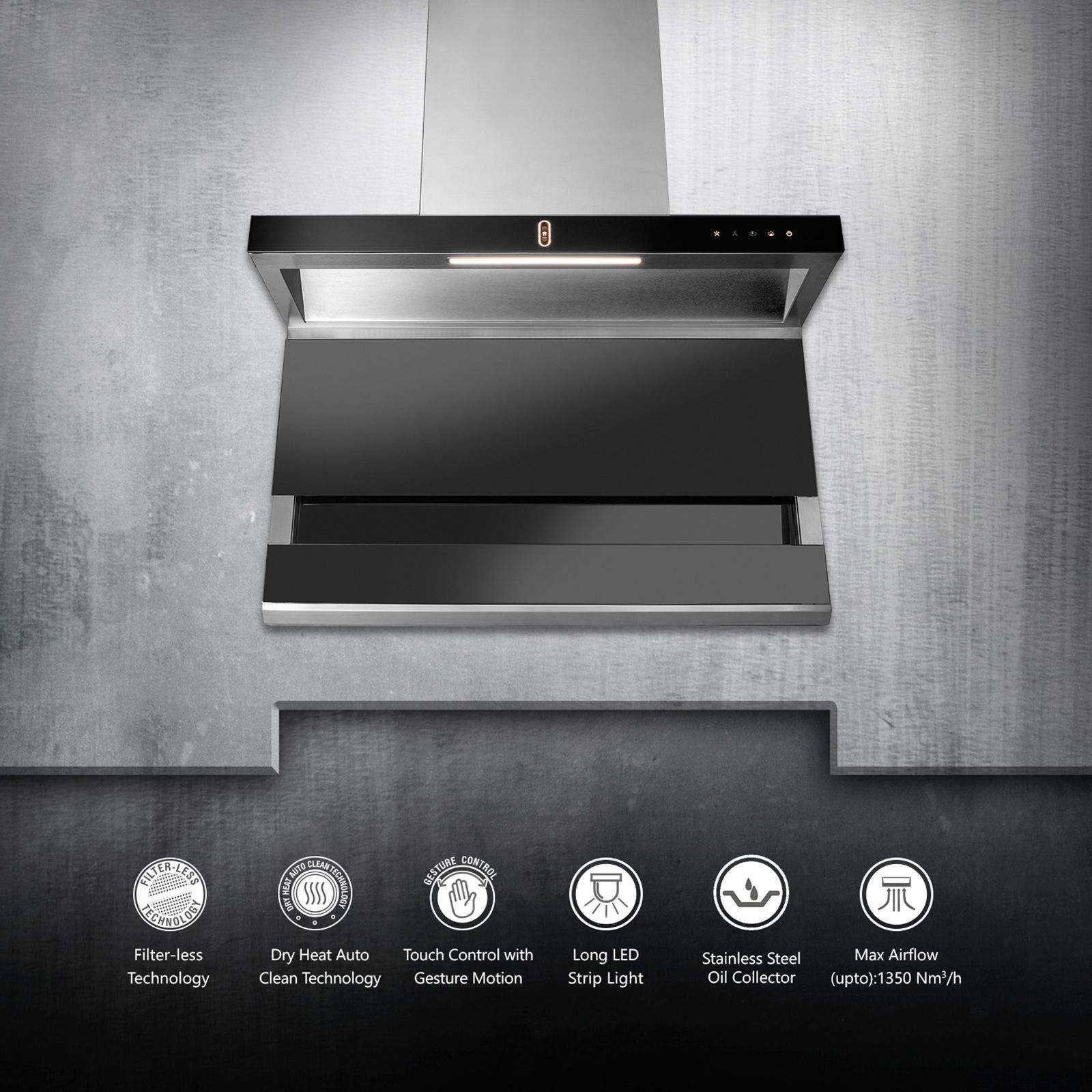 KAFF FALMARC DHC 90-A 90cm 1350m3/hr Ducted Auto Clean Wall Mounted Chimney with Touch & Gesture Control (Black)_7