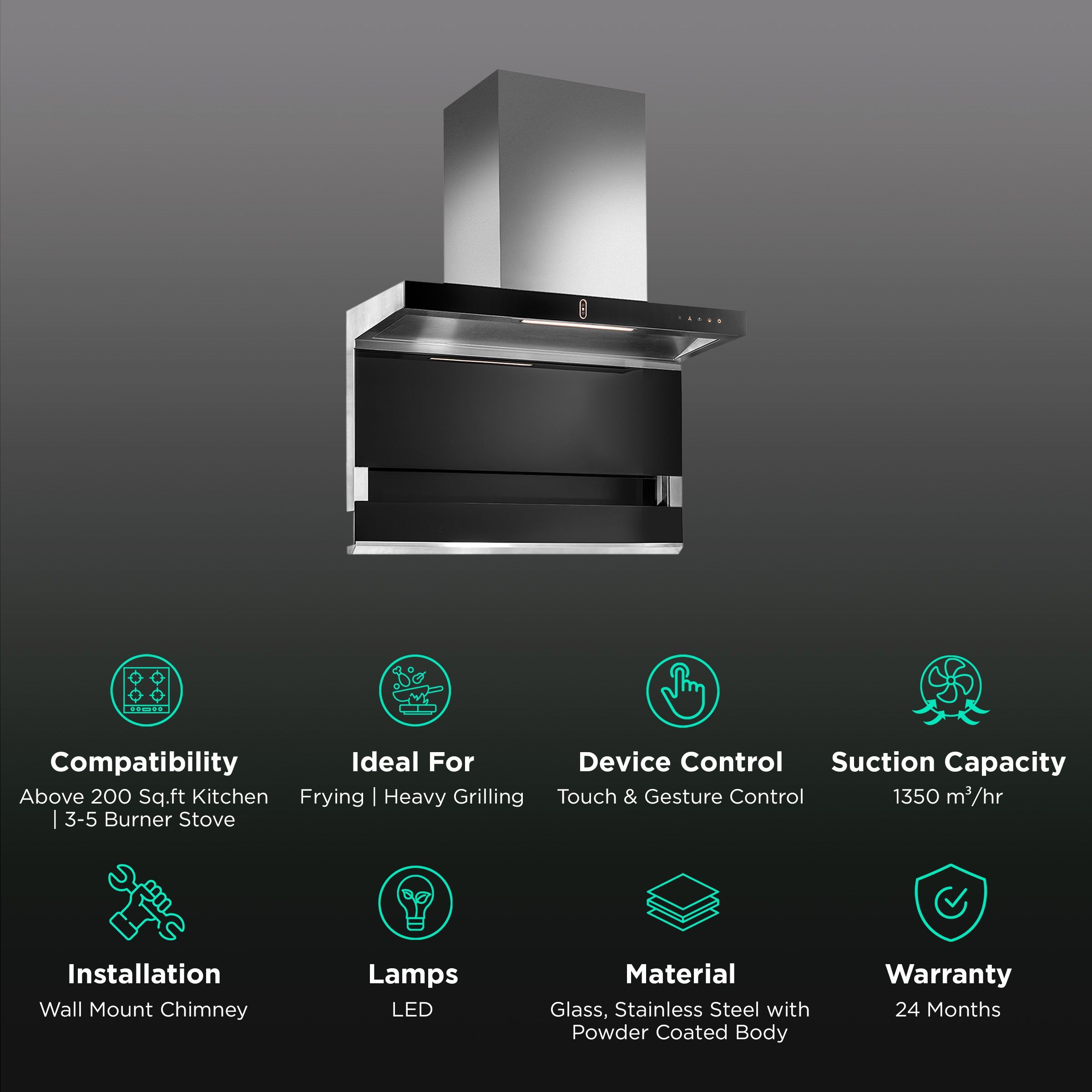 KAFF FALMARC DHC 90-A 90cm 1350m3/hr Ducted Auto Clean Wall Mounted Chimney with Touch & Gesture Control (Black)_3