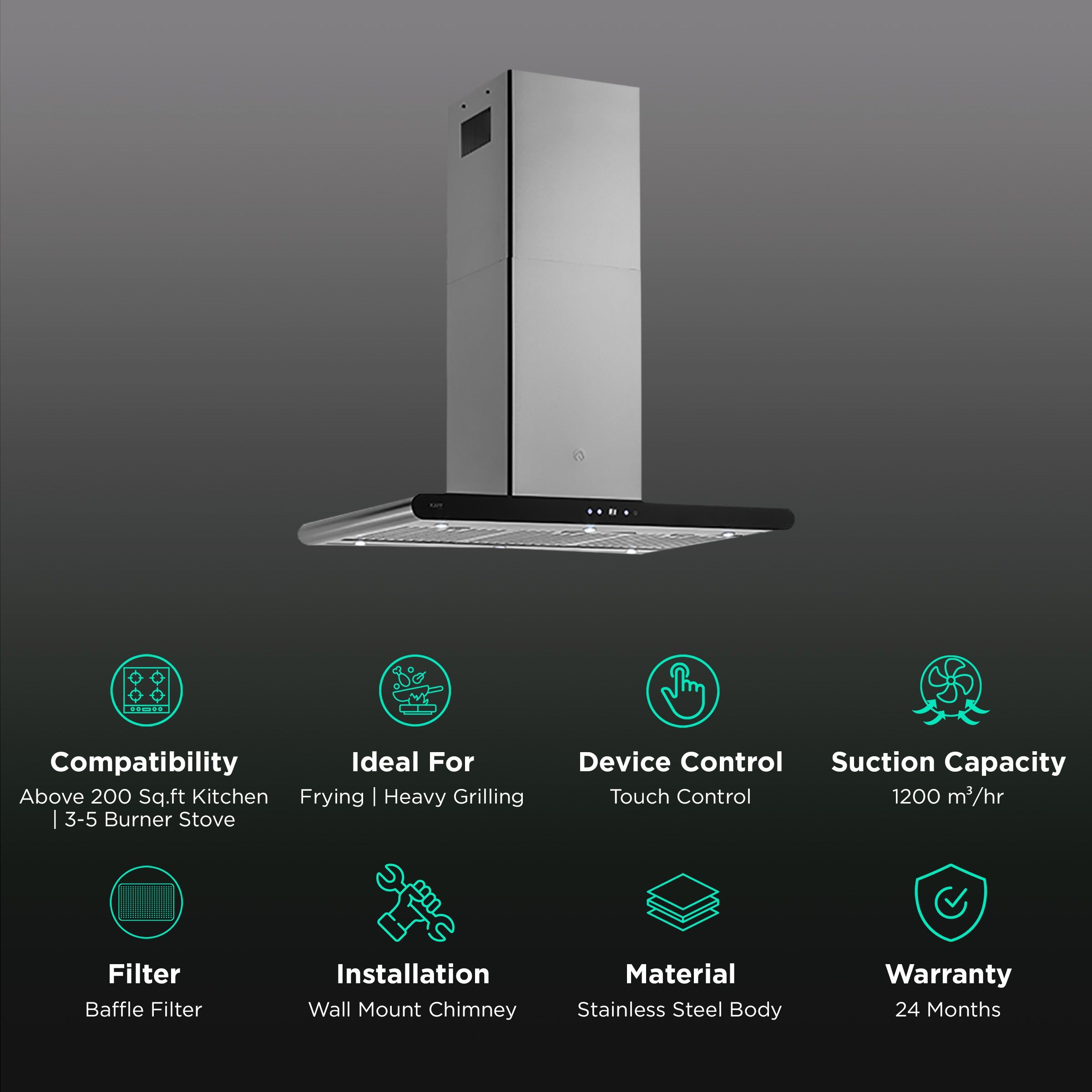 KAFF CANARY DHC BF IS 90cm 1200m3/hr Ducted Auto Clean Wall Mounted Chimney with Digital Display (Silver)_3