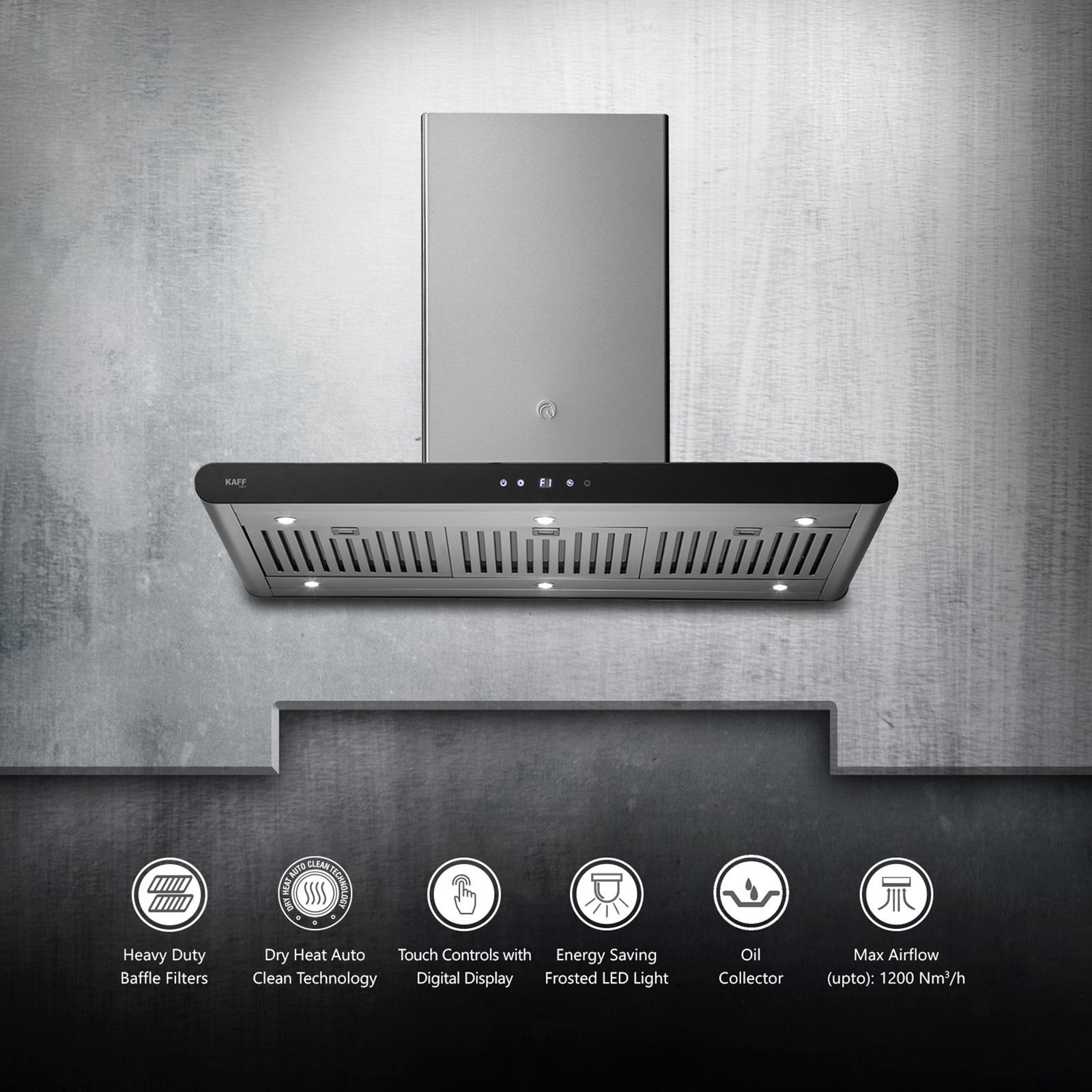 KAFF CANARY DHC BF IS 90cm 1200m3/hr Ducted Auto Clean Wall Mounted Chimney with Digital Display (Silver)_4