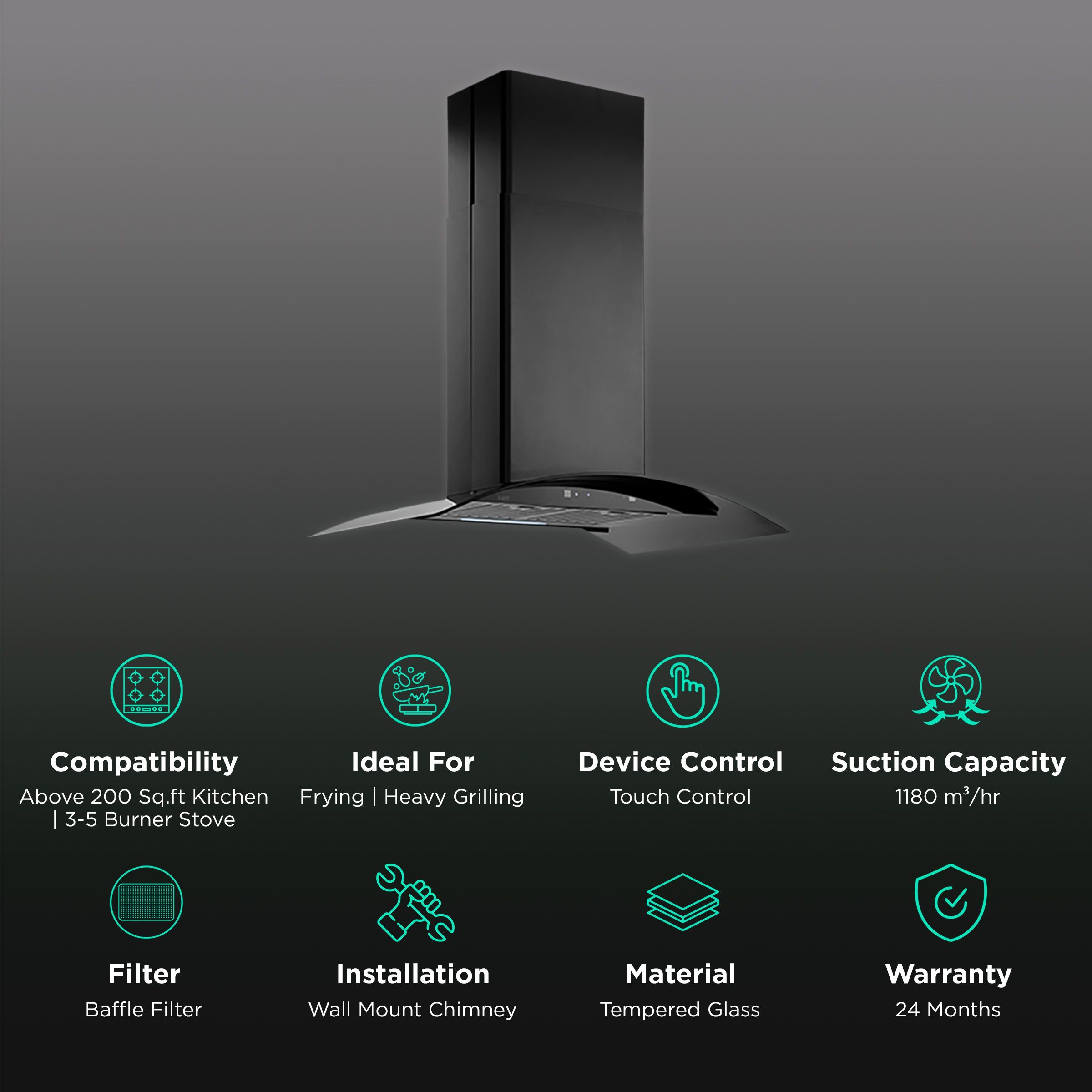 KAFF OPEC DHC BLK IS 90cm 1180m3/hr Ductless Auto Clean Wall Mounted Chimney with Digital Display (Black)_3