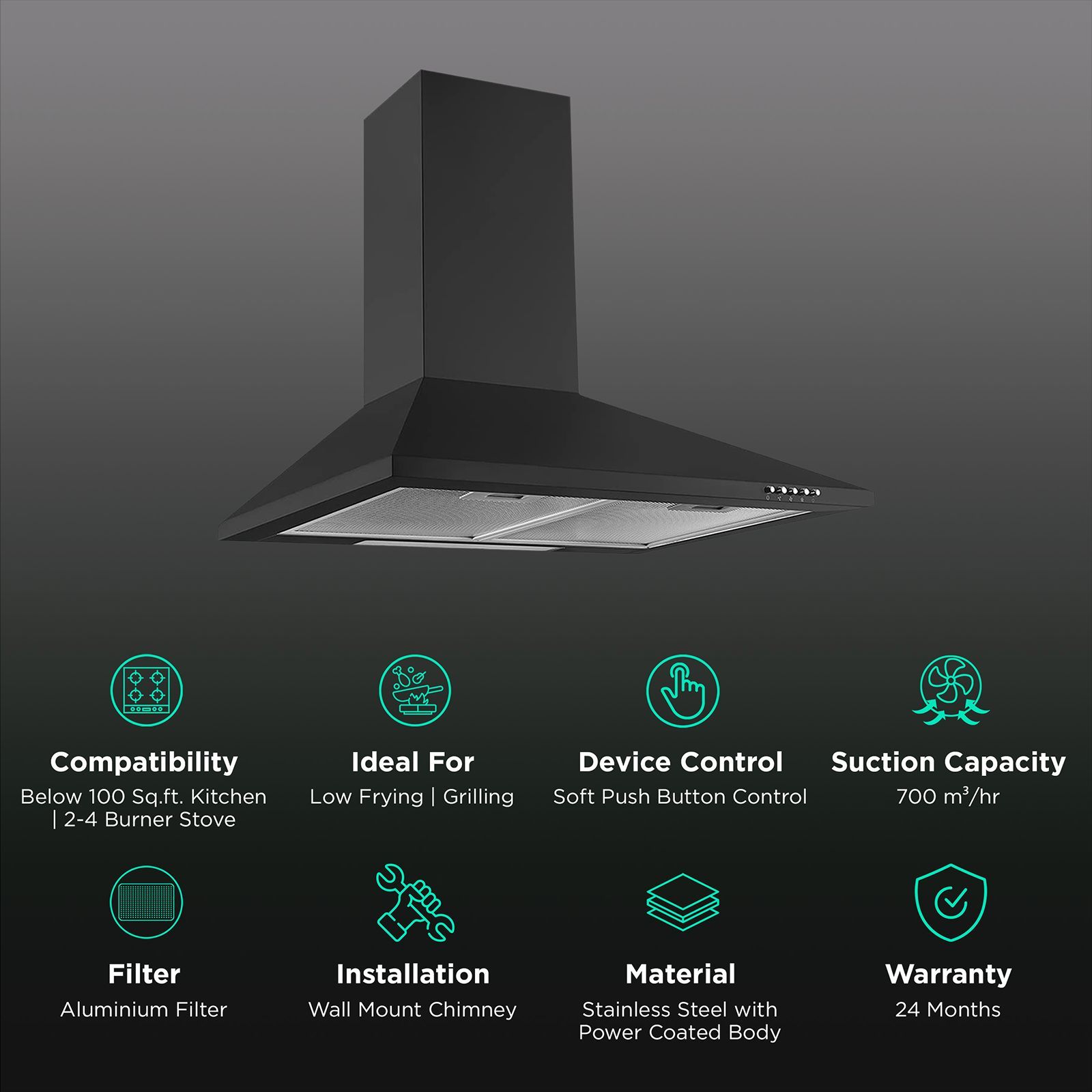 KAFF BASE LX BL 60cm 700m3/hr Ducted Wall Mounted Chimney with Soft Push Buttons (Black)_3
