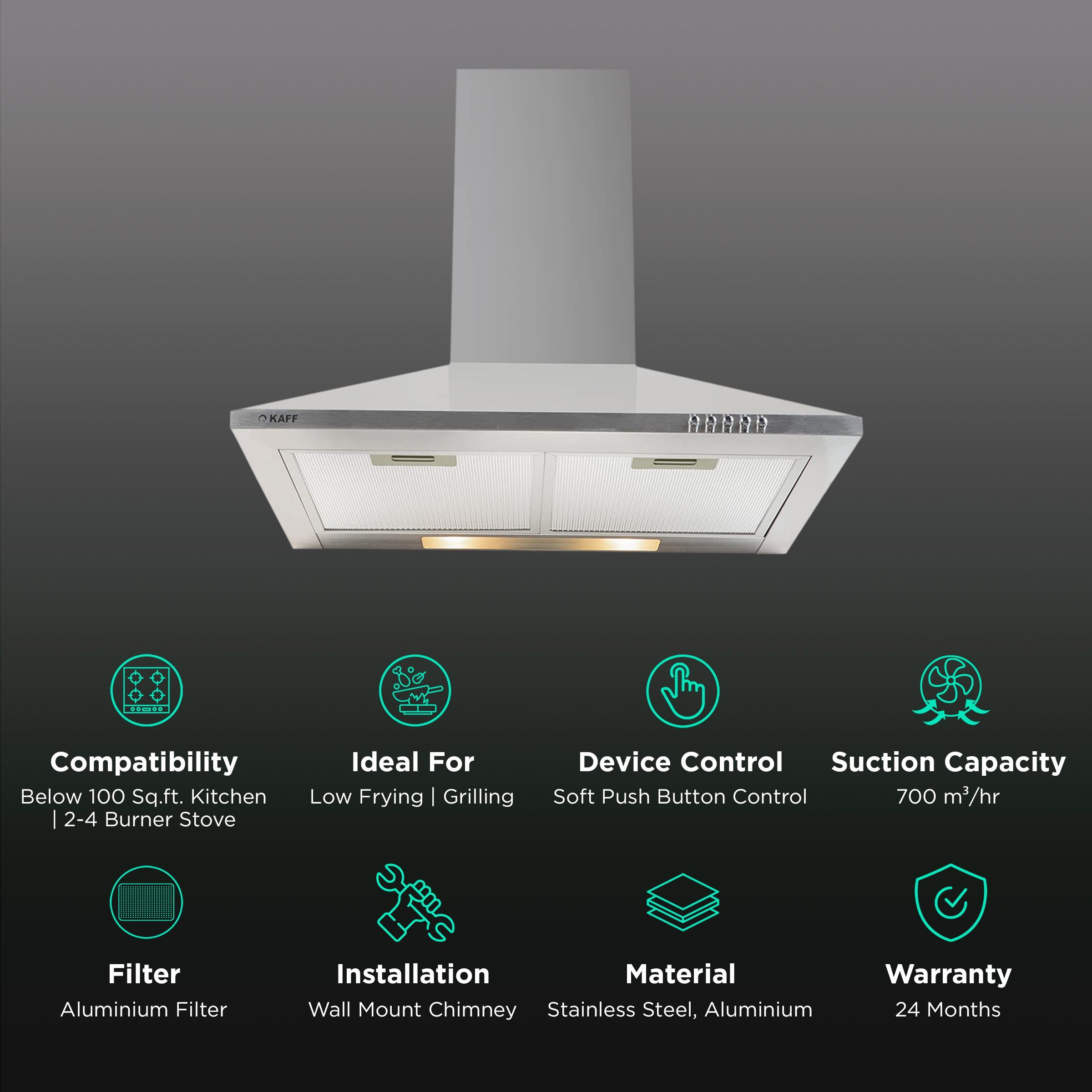 KAFF BASE LX SS 60cm 700m3/hr Ducted Wall Mounted Chimney with Soft Push Buttons (Steel)_3