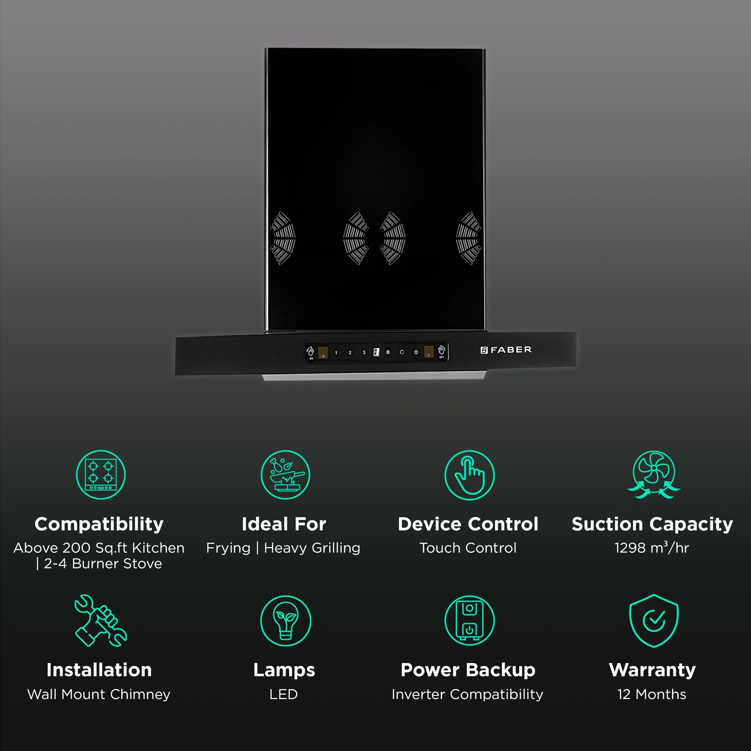 FABER SILENCIO 3D IND HC SC FL BK 60cm 1298m3/hr Ducted Auto Clean Wall Mounted Chimney with Touch Control Panel (Black)_3