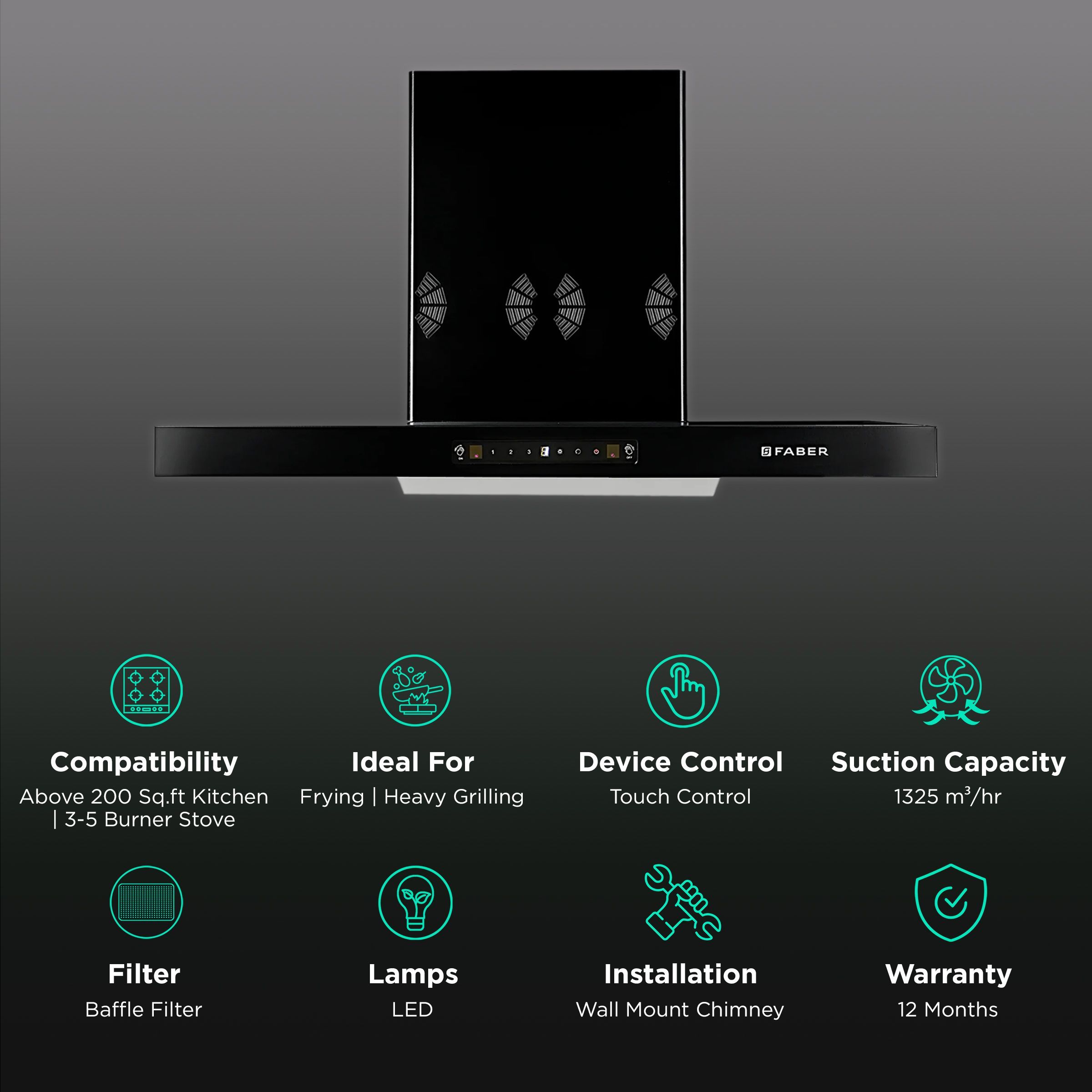 FABER SILENCIO 3D IND HC SC FL BK 90cm 1325m3/hr Ducted Auto Clean Wall Mounted Chimney with Touch Control Panel (Black) FABER SILENCIO 3D IND HC SC FL BK 90cm 1325m3/hr Ducted Auto Clean Wall Mounted Chimney with Touch Control Panel (Black)_3
