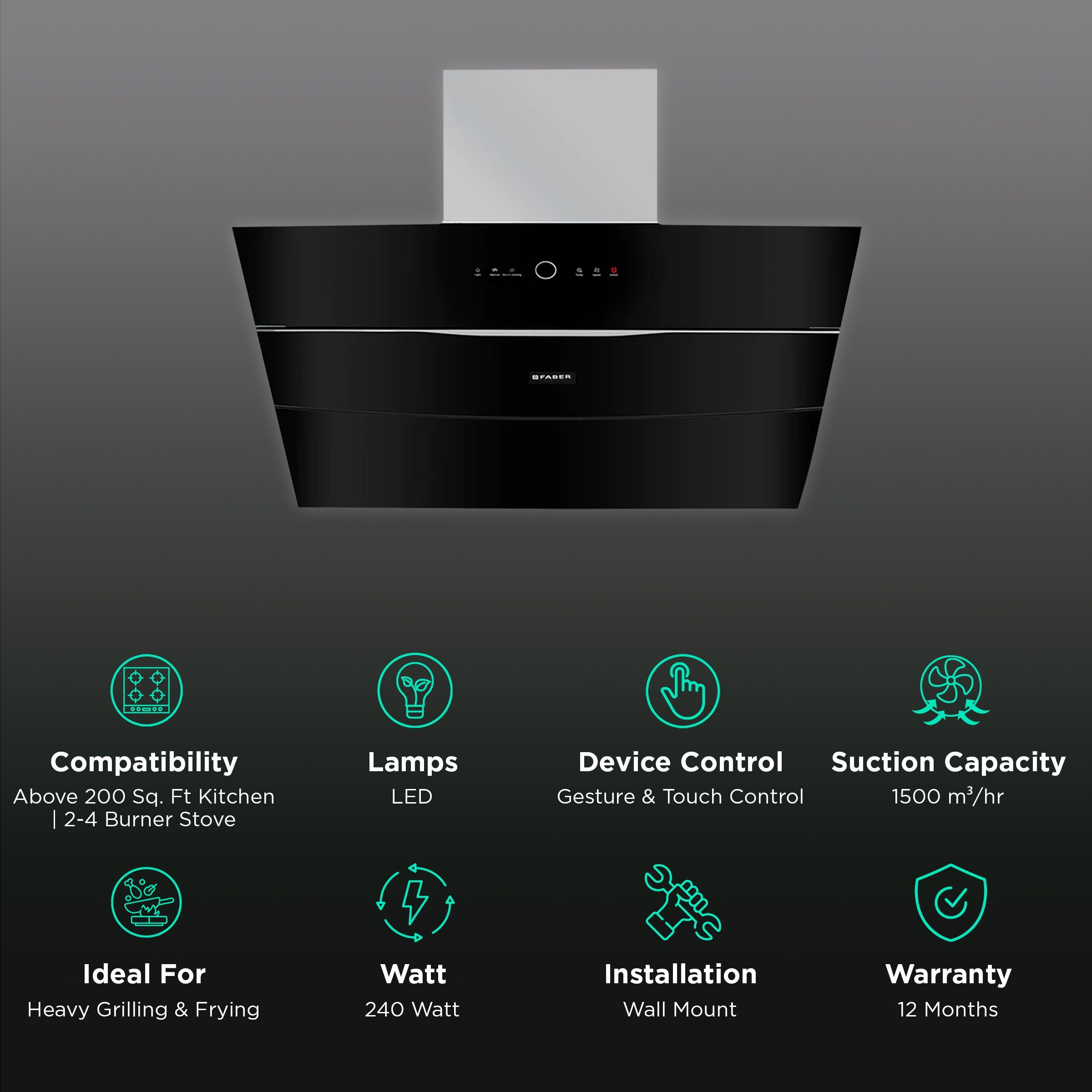 FABER BOLT FL SW SC BK N 60cm 1500m3/hr Ducted Auto Clean Wall Mounted Chimney with Gesture & Touch Control (Black)_3