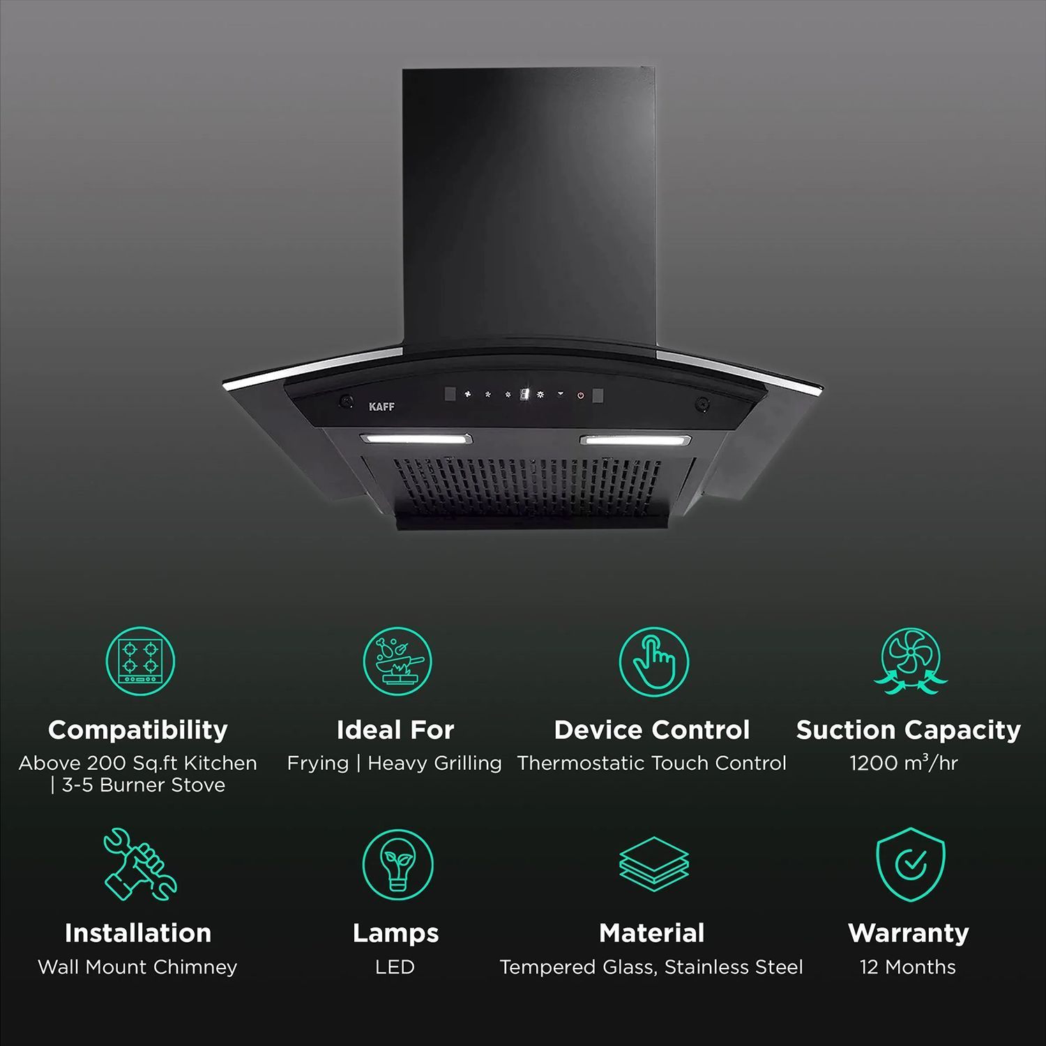 KAFF MAINZ DHC 90cm 1180m3/hr Ductless Auto Clean Wall Mounted Chimney with Thermostatic Touch Control Panel (Black)_3