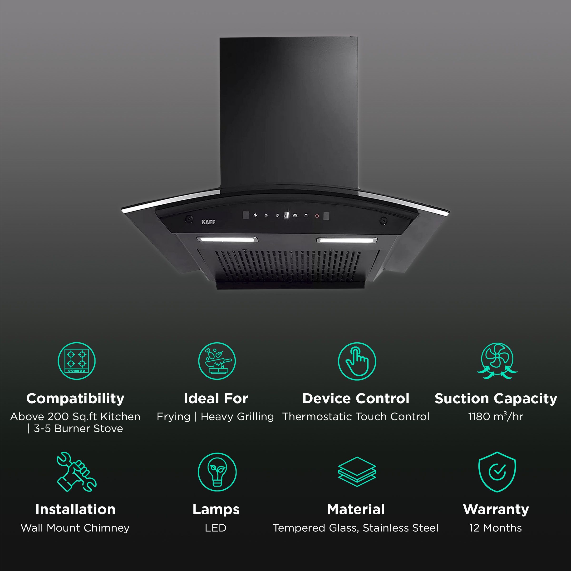 KAFF MAINZ DHC 90cm 1180m3/hr Ductless Auto Clean Wall Mounted Chimney with Thermostatic Touch Control Panel (Black)_3
