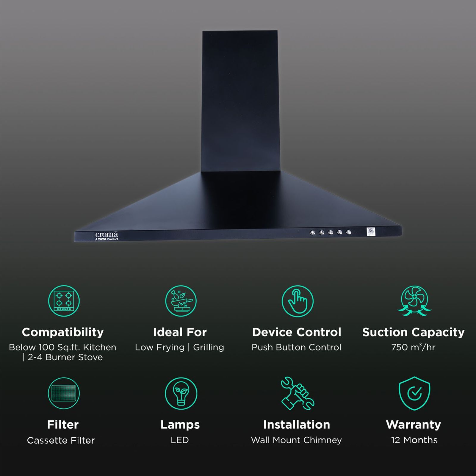 Croma 60cm 750m3/hr Ducted Wall Mounted Chimney with Push Button Control (Black)_3