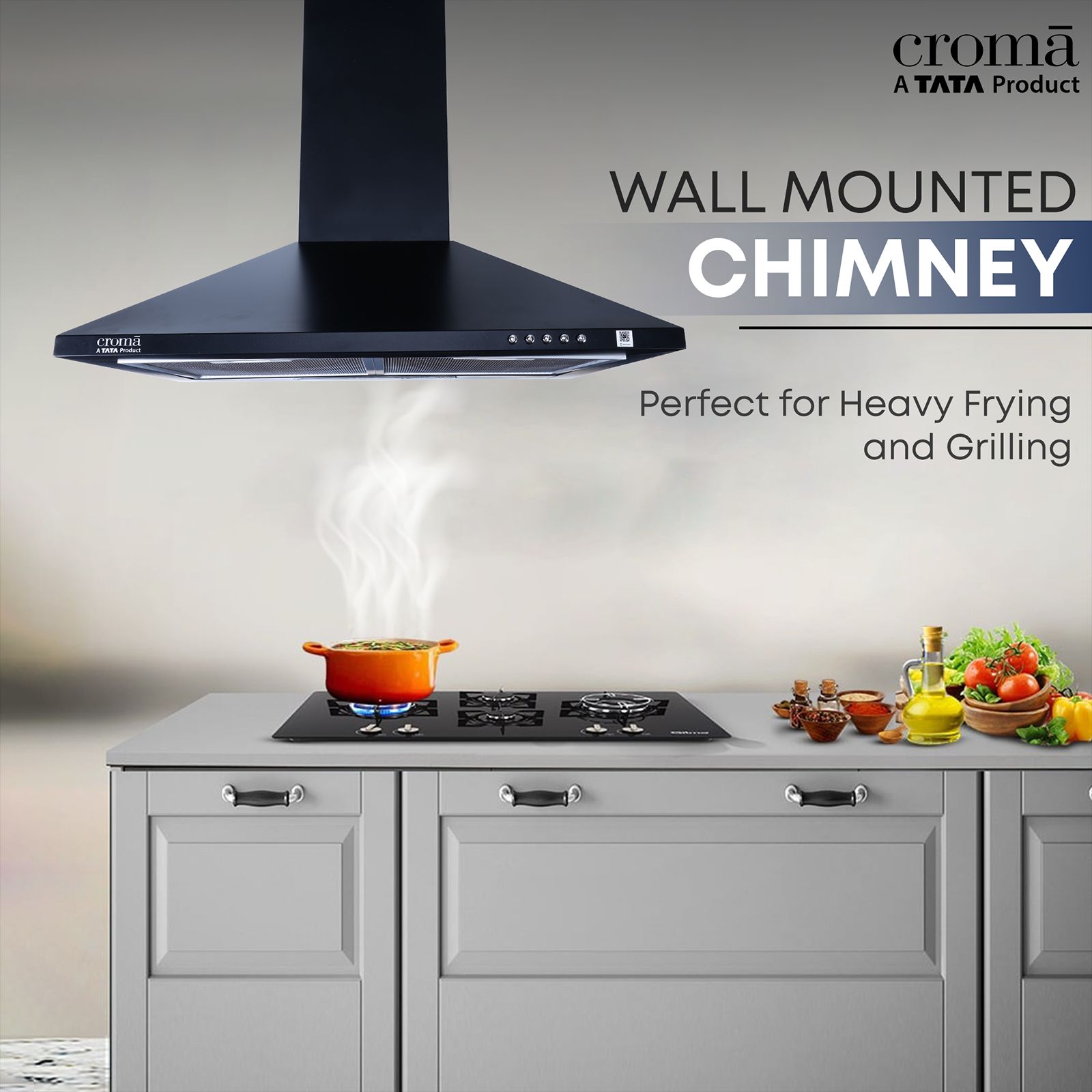 Croma 60cm 750m3/hr Ducted Wall Mounted Chimney with Push Button Control (Black)_4