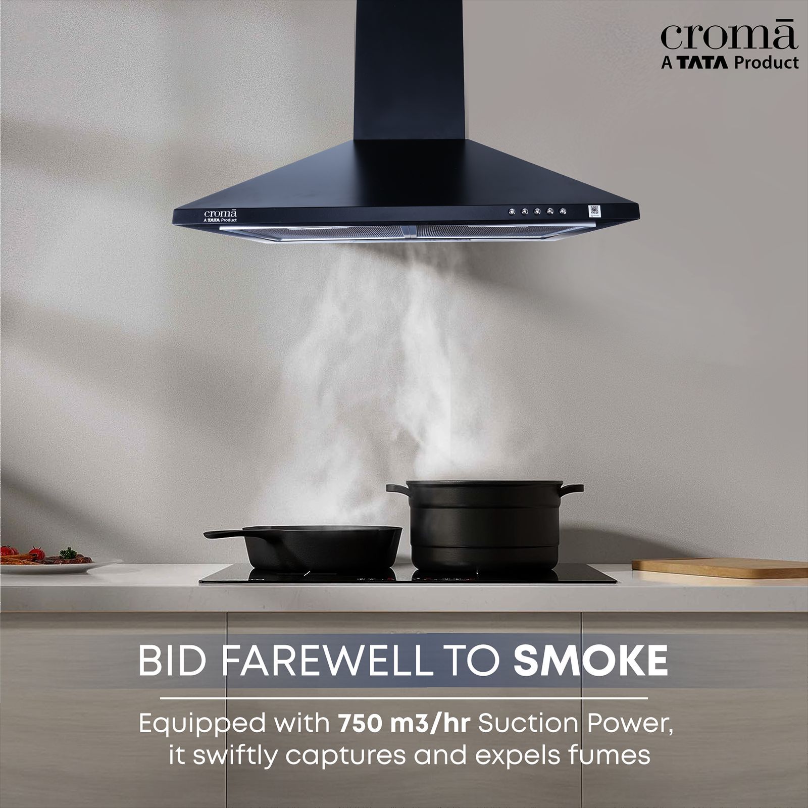 Croma 60cm 750m3/hr Ducted Wall Mounted Chimney with Push Button Control (Black)_6