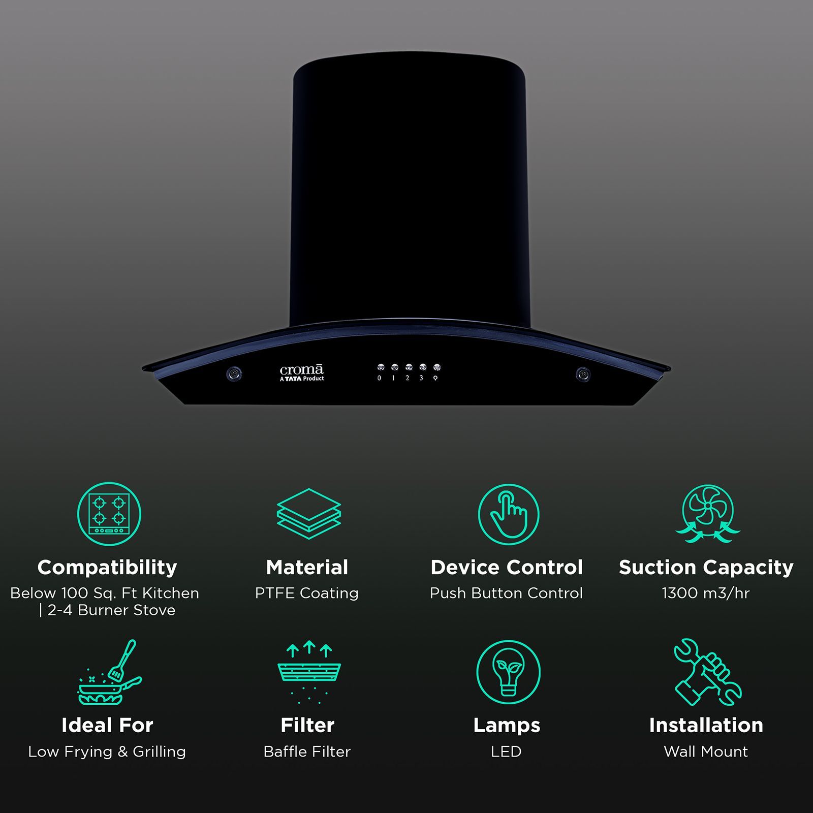 Croma 60cm 1300m3/hr Ducted Baffle Filter Wall Mounted Chimney with Push Button Control (Black)_2