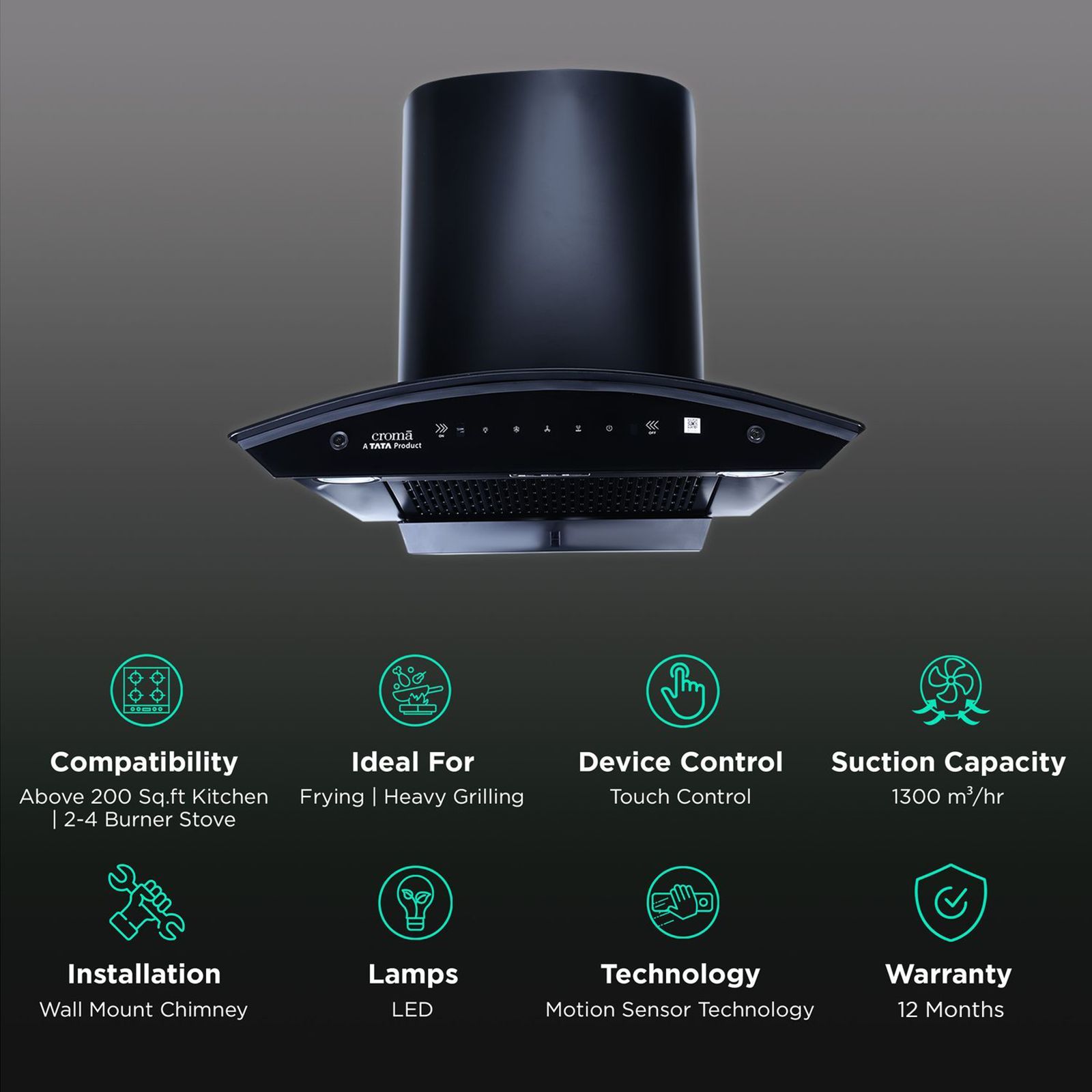 Croma 60cm 1300m3/hr Ducted Auto Clean Wall Mounted Chimney with Touch & Gesture Control (Black)_3