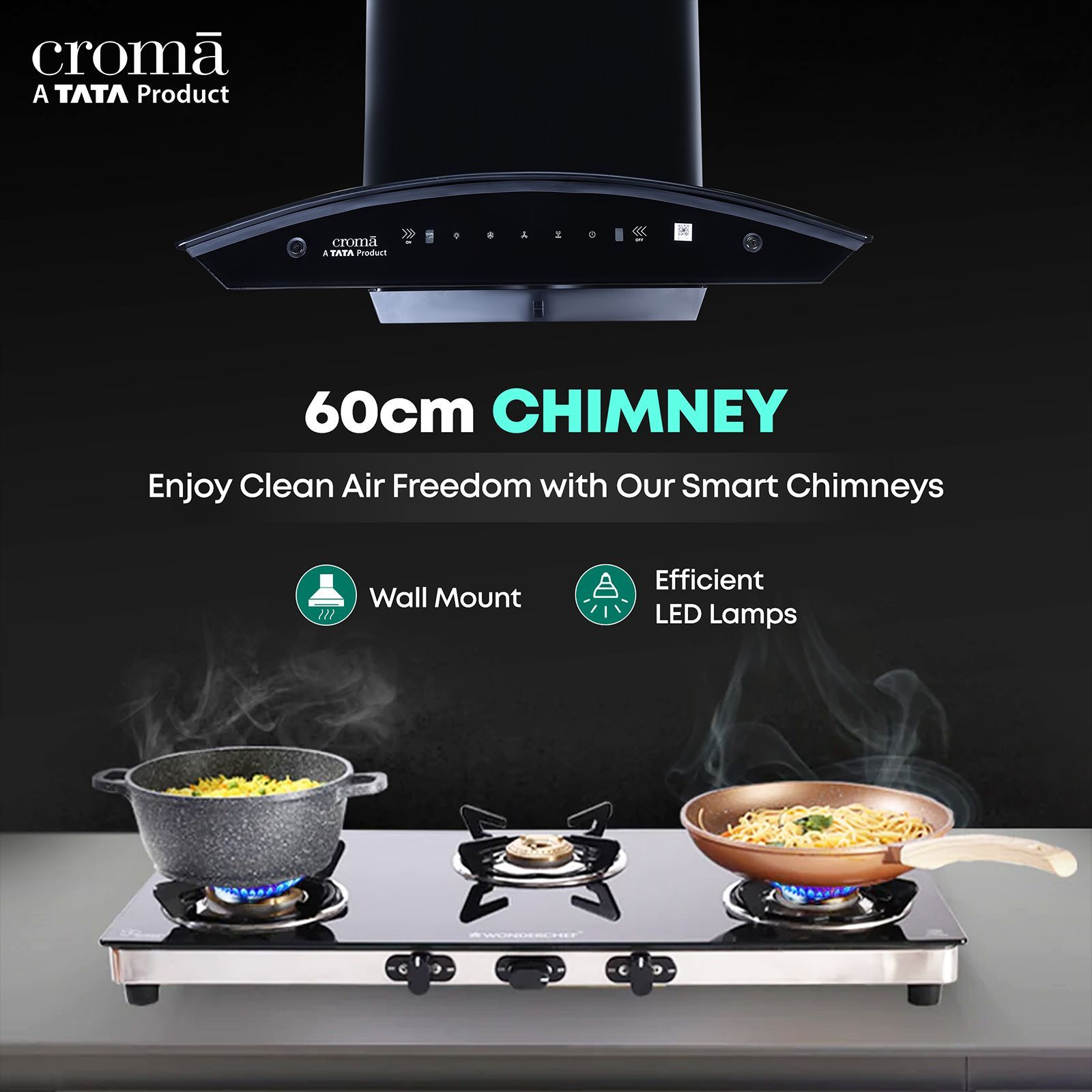 Croma 60cm 1300m3/hr Ducted Auto Clean Wall Mounted Chimney with Touch & Gesture Control (Black)_4