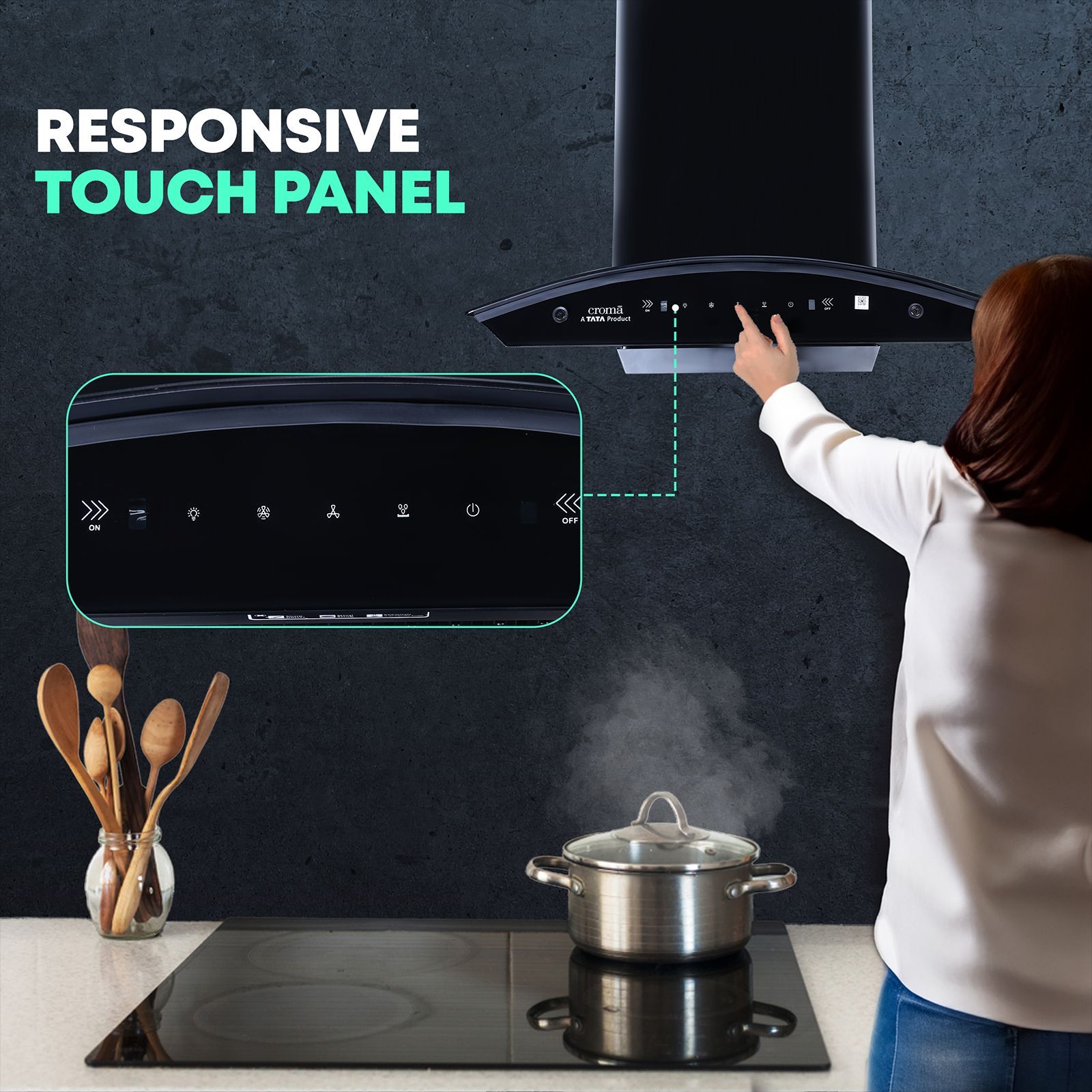 Croma 60cm 1300m3/hr Ducted Auto Clean Wall Mounted Chimney with Touch & Gesture Control (Black)_5
