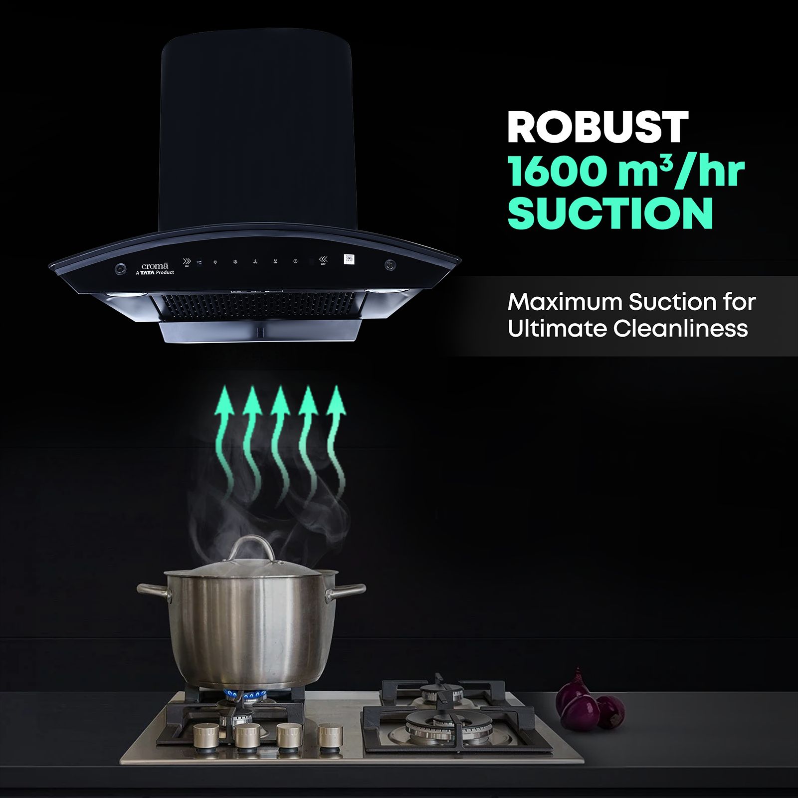 Croma 60cm 1300m3/hr Ducted Auto Clean Wall Mounted Chimney with Touch & Gesture Control (Black)_8