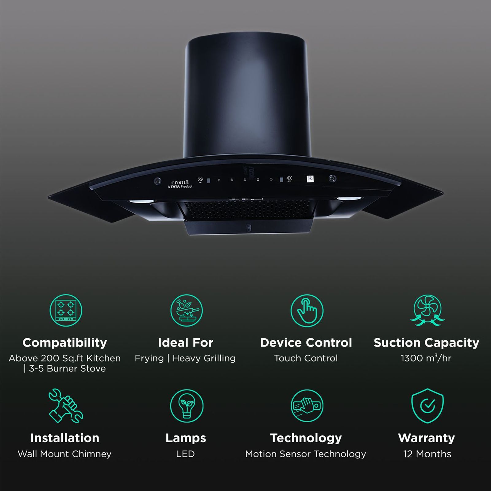 Croma 90cm 1300m3/hr Ducted Auto Clean Wall Mounted Chimney with Touch & Gesture Control (Black)_3