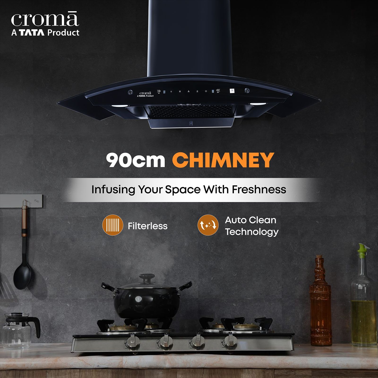 Croma 90cm 1300m3/hr Ducted Auto Clean Wall Mounted Chimney with Touch & Gesture Control (Black)_4