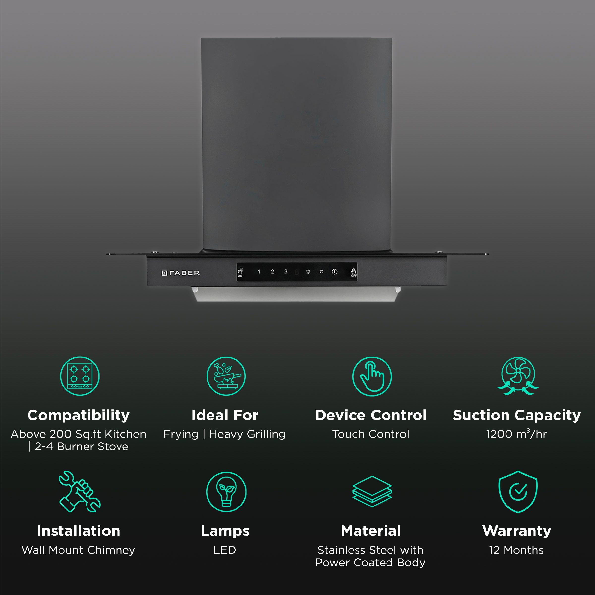 FABER Mercury Pro HC SC FL BK 60cm 1200m3/hr Ducted Auto Clean Wall Mounted Chimney with Touch Control Panel (Black)_3