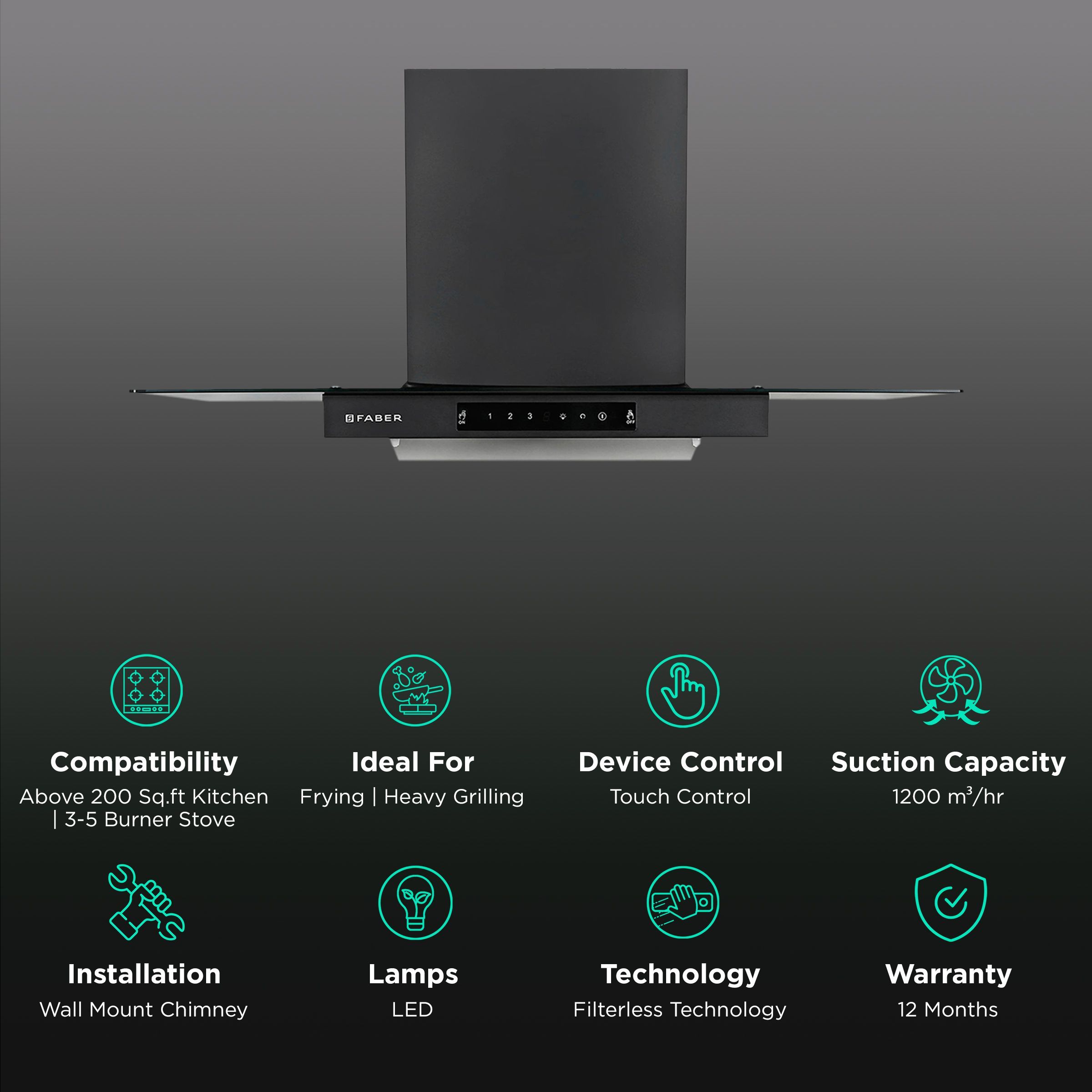 FABER Mercury Pro HC SC FL BK 90cm 1200m3/hr Ductless Auto Clean Wall Mounted Chimney with Touch Control Panel (Black)_3
