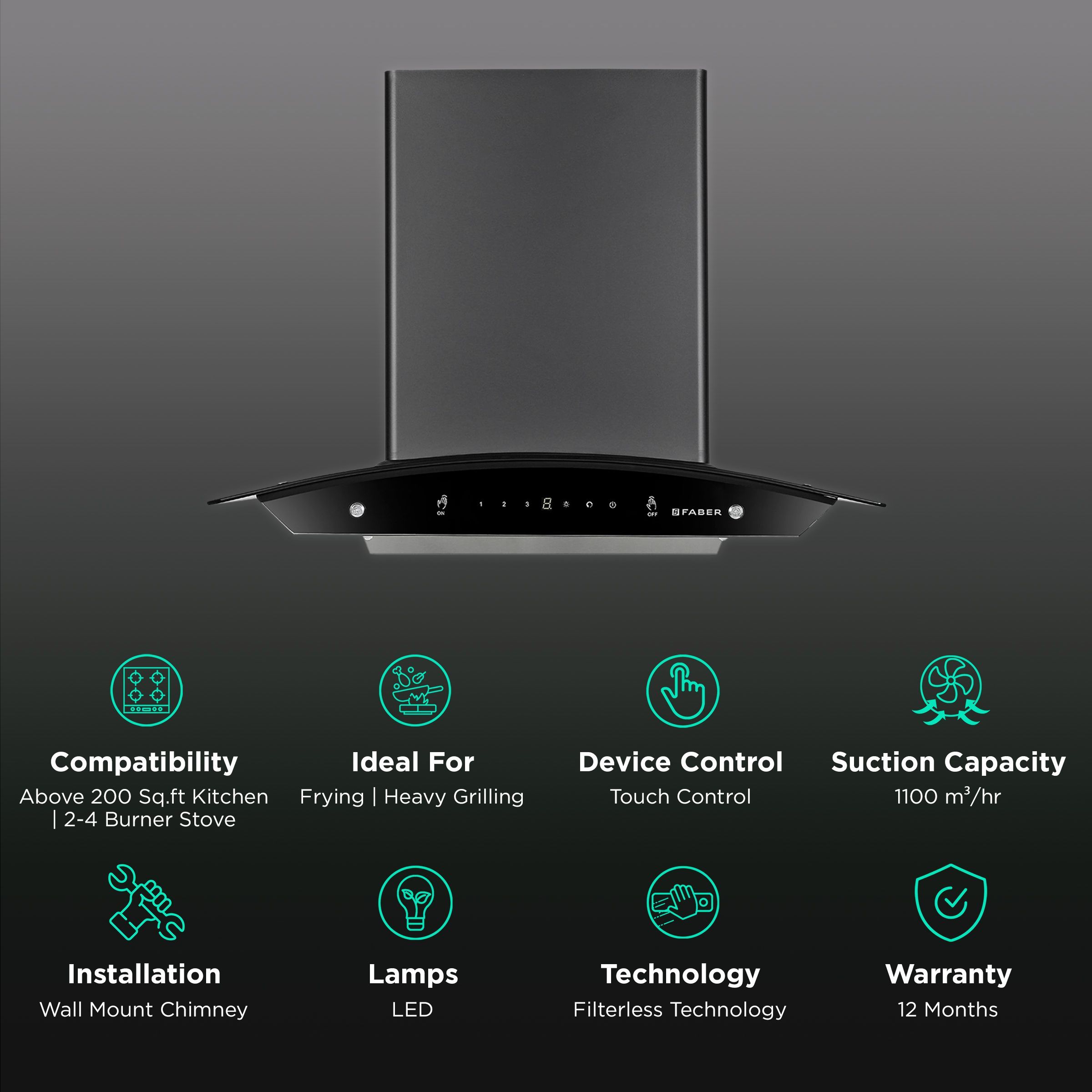 FABER Zest HC SC FL BK 60cm 1100m3/hr Ducted Auto Clean Wall Mounted Chimney with Touch Control (Black)_3