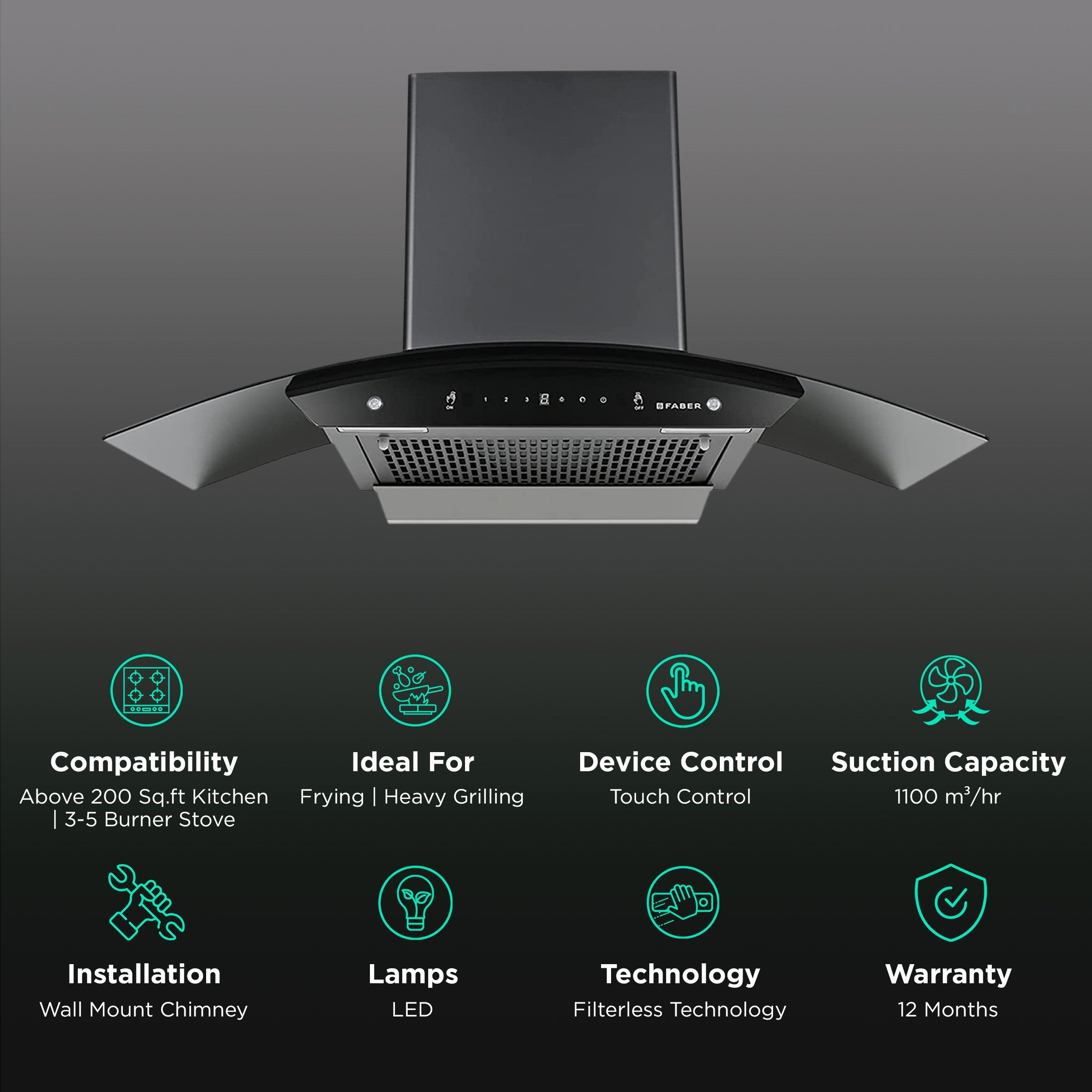 FABER Zest HC SC FL BK 90cm 1100m3/hr Ducted Auto Clean Wall Mounted Chimney with Touch Control (Black) FABER Zest HC SC FL BK 90cm 1100m3/hr Ducted Auto Clean Wall Mounted Chimney with Touch Control (Black)_3