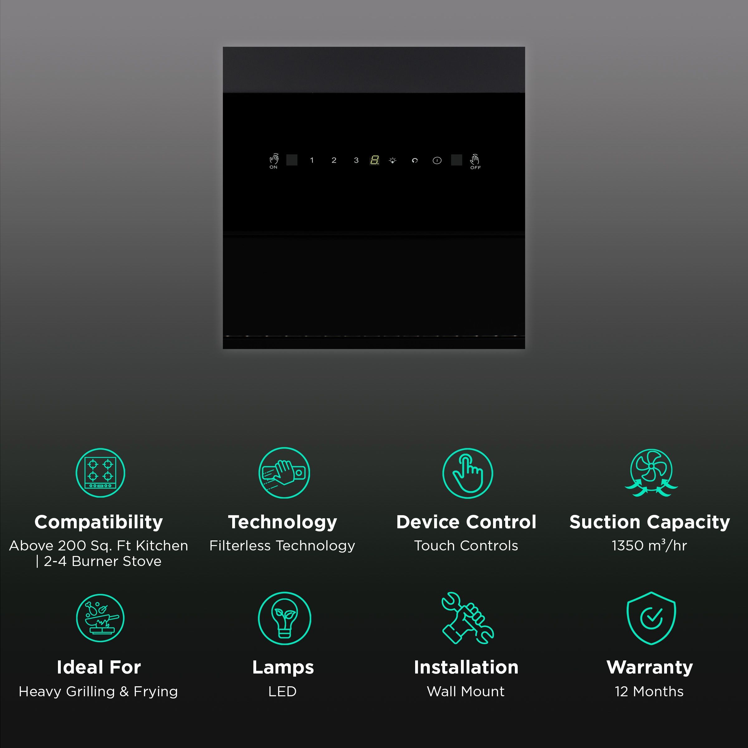 FABER BLISS FL SC AC BK 60cm 1350m3/hr Ductless Auto Clean Wall Mounted Chimney with Touch Control Panel (Black)_3