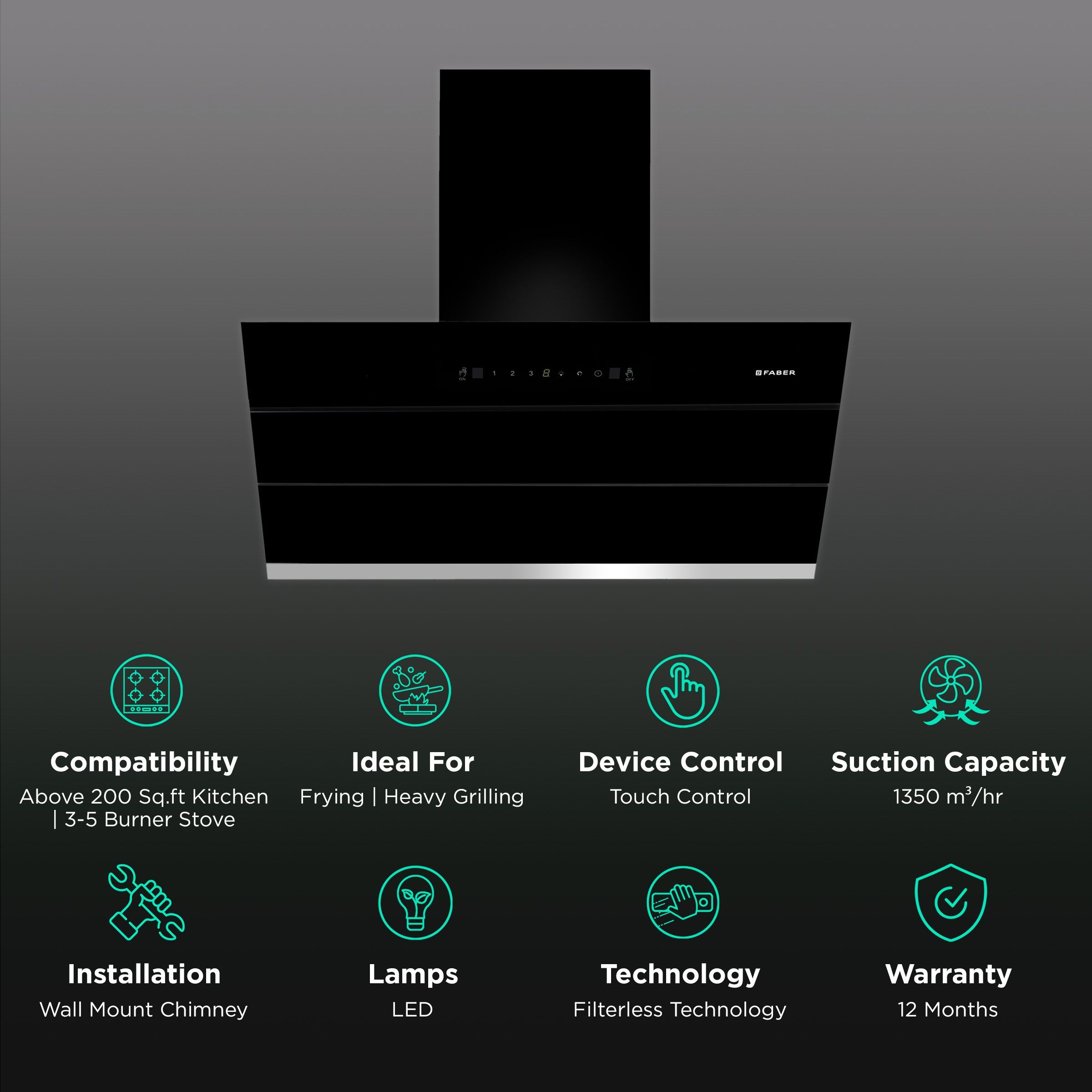 FABER BLISS FL SC AC BK 90cm 1350m3/hr Ductless Auto Clean Wall Mounted Chimney with Touch Control Panel (Black) FABER BLISS FL SC AC BK 90cm 1350m3/hr Ductless Auto Clean Wall Mounted Chimney with Touch Control Panel (Black)_3
