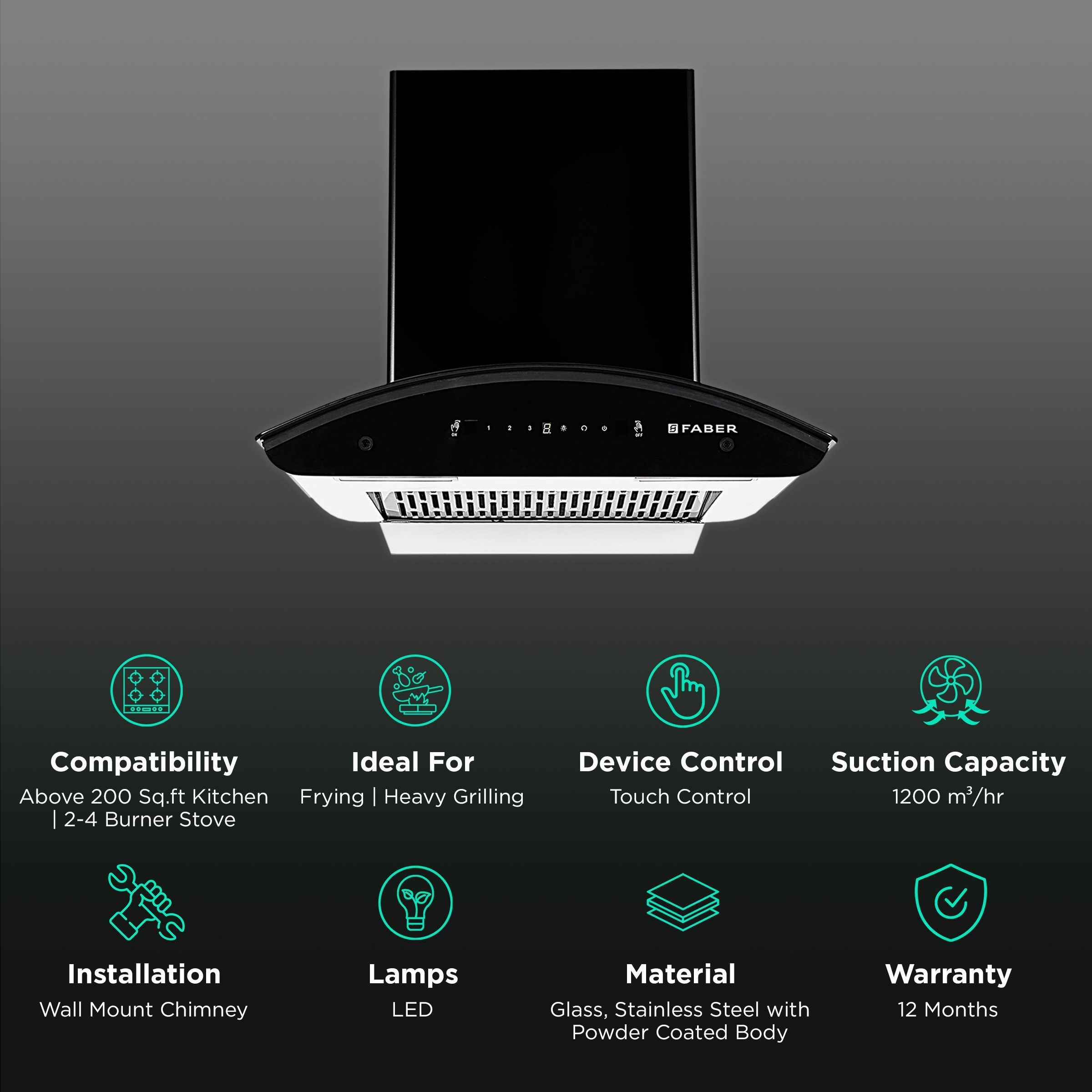 FABER VENICE FL SC AC BK 60cm 1200m3/hr Ducted Auto Clean Wall Mounted Chimney with Touch Control (Black)_3