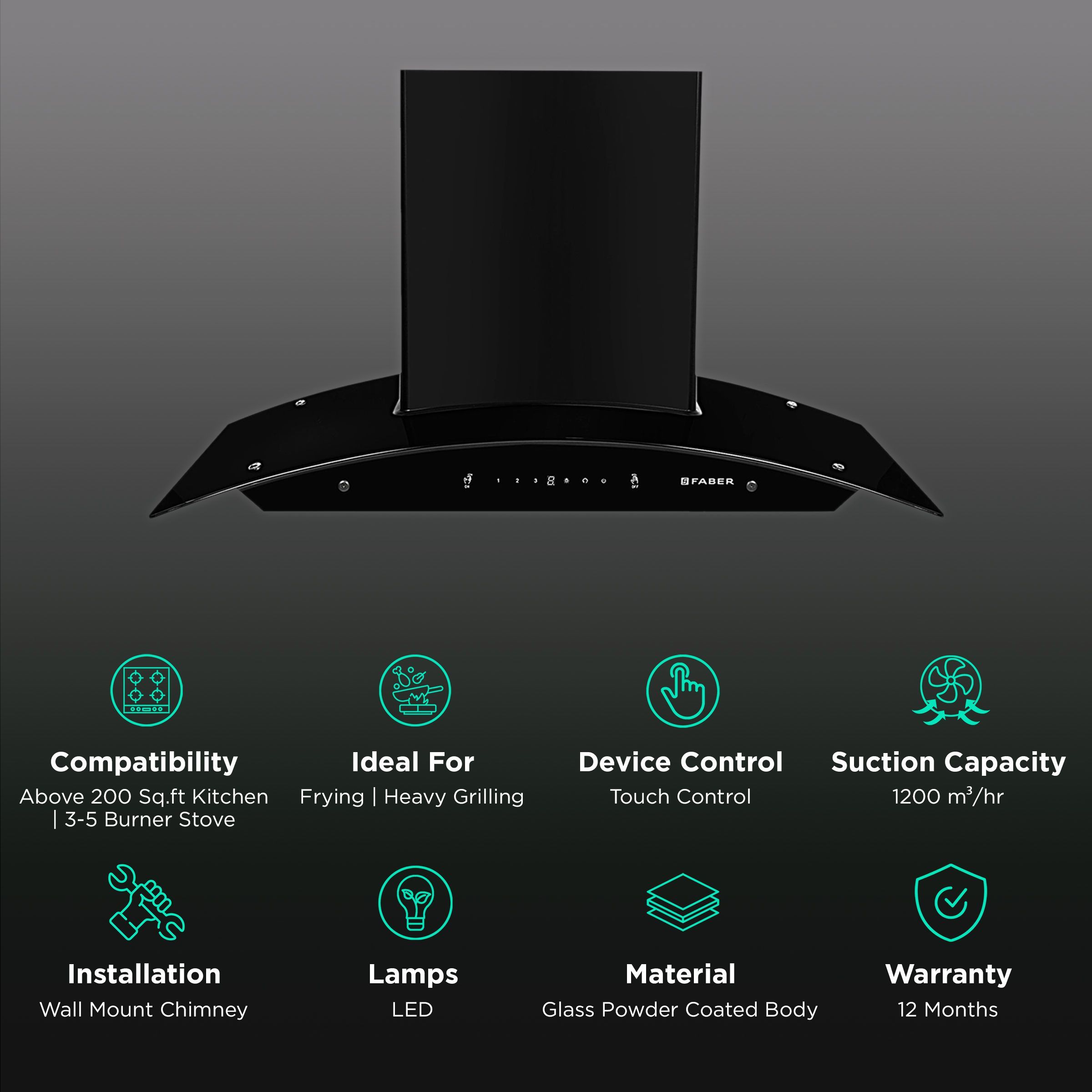 FABER VENICE FL SC AC BK 90cm 1200m3/hr Ducted Auto Clean Wall Mounted Chimney with Touch Control (Black)_3