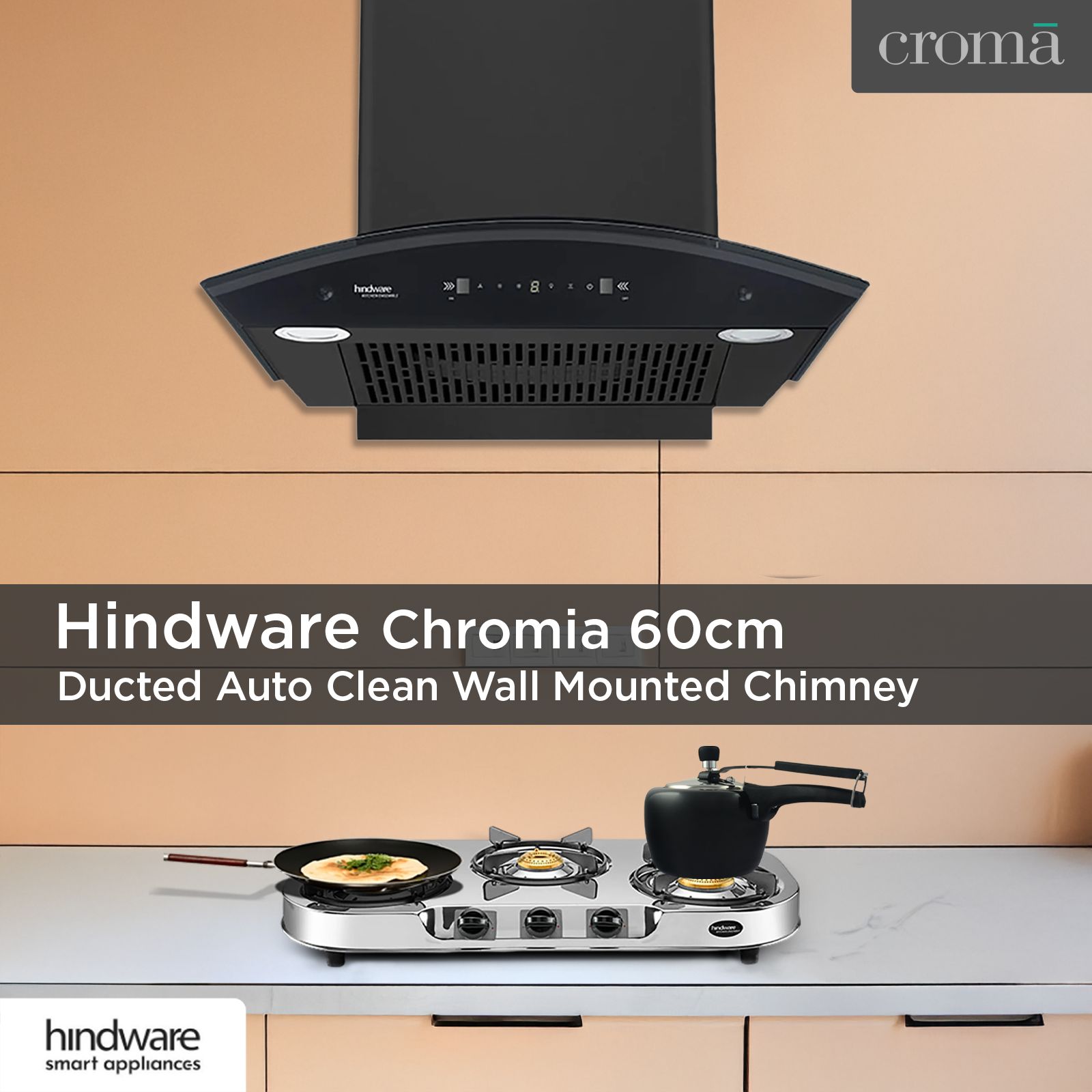Hindware Chromia 60cm 1200m3/hr Ducted Auto Clean Wall Mounted Chimney with Touch Control (Black)_8